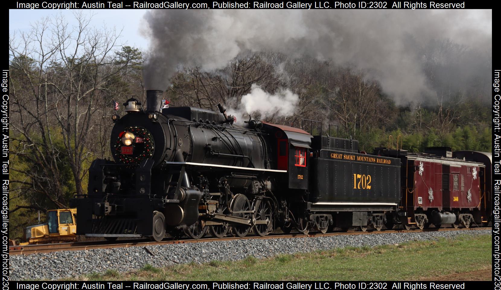 GSMR 1702 is a class 2-8-0 and  is pictured in Whittier , North Carolina, USA.  This was taken along the Murphy Branch  on the Great Smoky Mountain Railroad. Photo Copyright: Austin Teal uploaded to Railroad Gallery on 09/02/2023. This photograph of GSMR 1702 was taken on Monday, December 19, 2022. All Rights Reserved. 
