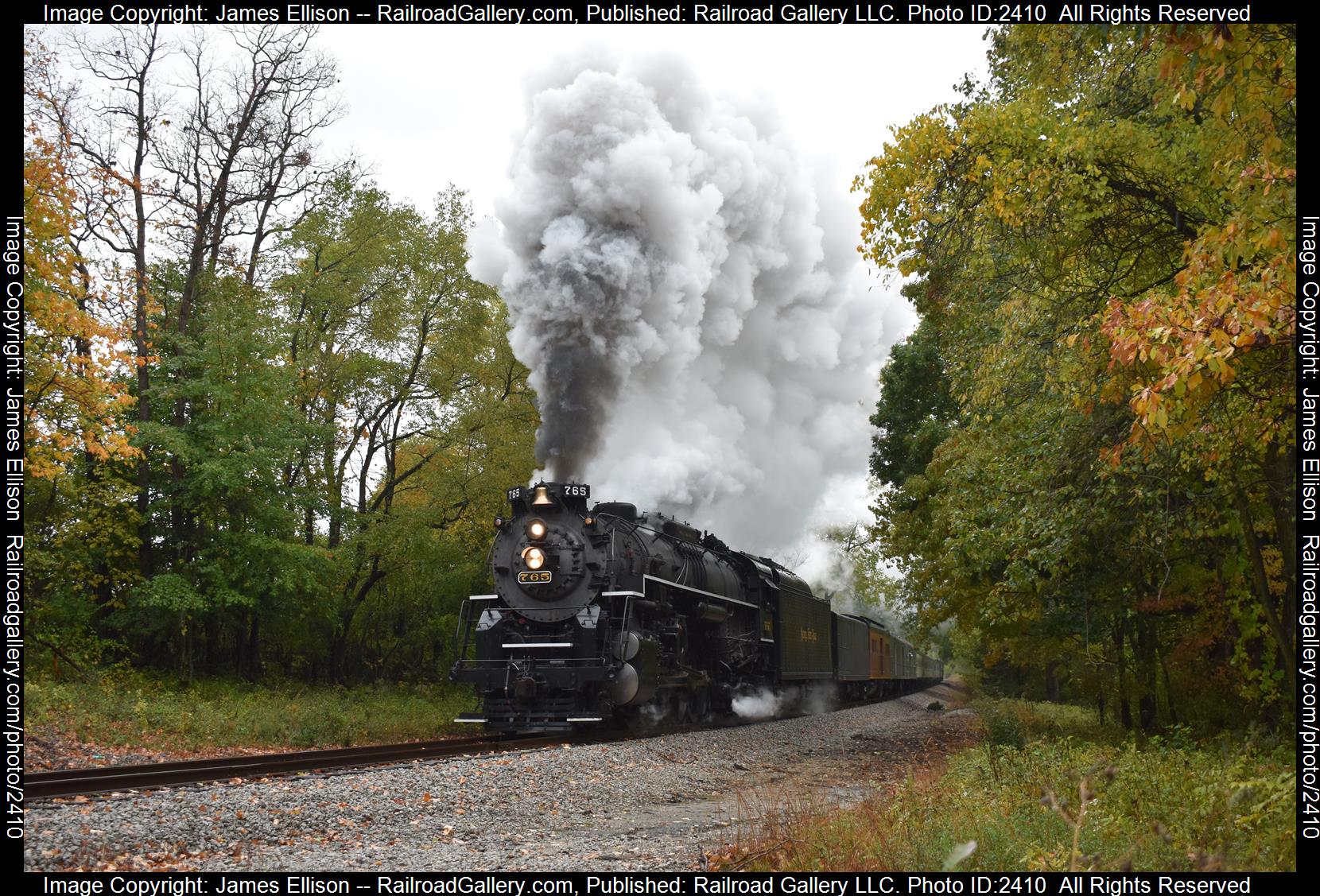 NKP 765 is a class 2-8-4 and  is pictured in Hillsdale, MI, US.  This was taken along the INE Ex-NYC North-South line on the Indiana Northeastern Railroad. Photo Copyright: James Ellison uploaded to Railroad Gallery on 10/27/2023. This photograph of NKP 765 was taken on Saturday, October 14, 2023. All Rights Reserved. 