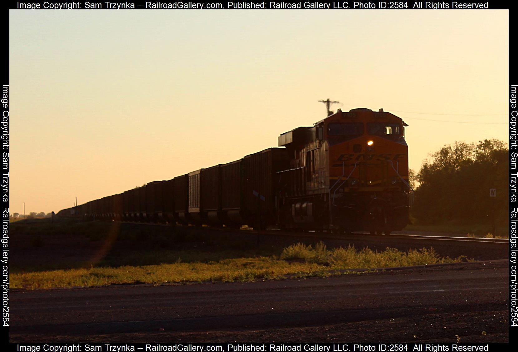BNSF 7105 is a class GE ES44C4 and  is pictured in Steele, North Dakota, USA.  This was taken along the BNSF Jamestown Subdivision on the BNSF Railway. Photo Copyright: Sam Trzynka uploaded to Railroad Gallery on 12/05/2023. This photograph of BNSF 7105 was taken on Tuesday, August 09, 2022. All Rights Reserved. 