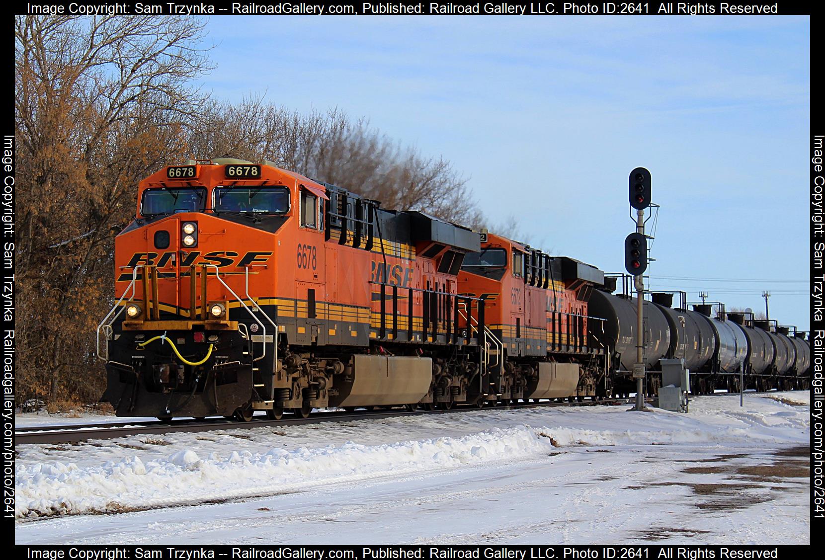 BNSF 6678 is a class GE ES44C4 and  is pictured in Steele, North Dakota, USA.  This was taken along the BNSF Jamestown Subdivision on the BNSF Railway. Photo Copyright: Sam Trzynka uploaded to Railroad Gallery on 12/12/2023. This photograph of BNSF 6678 was taken on Friday, November 25, 2022. All Rights Reserved. 