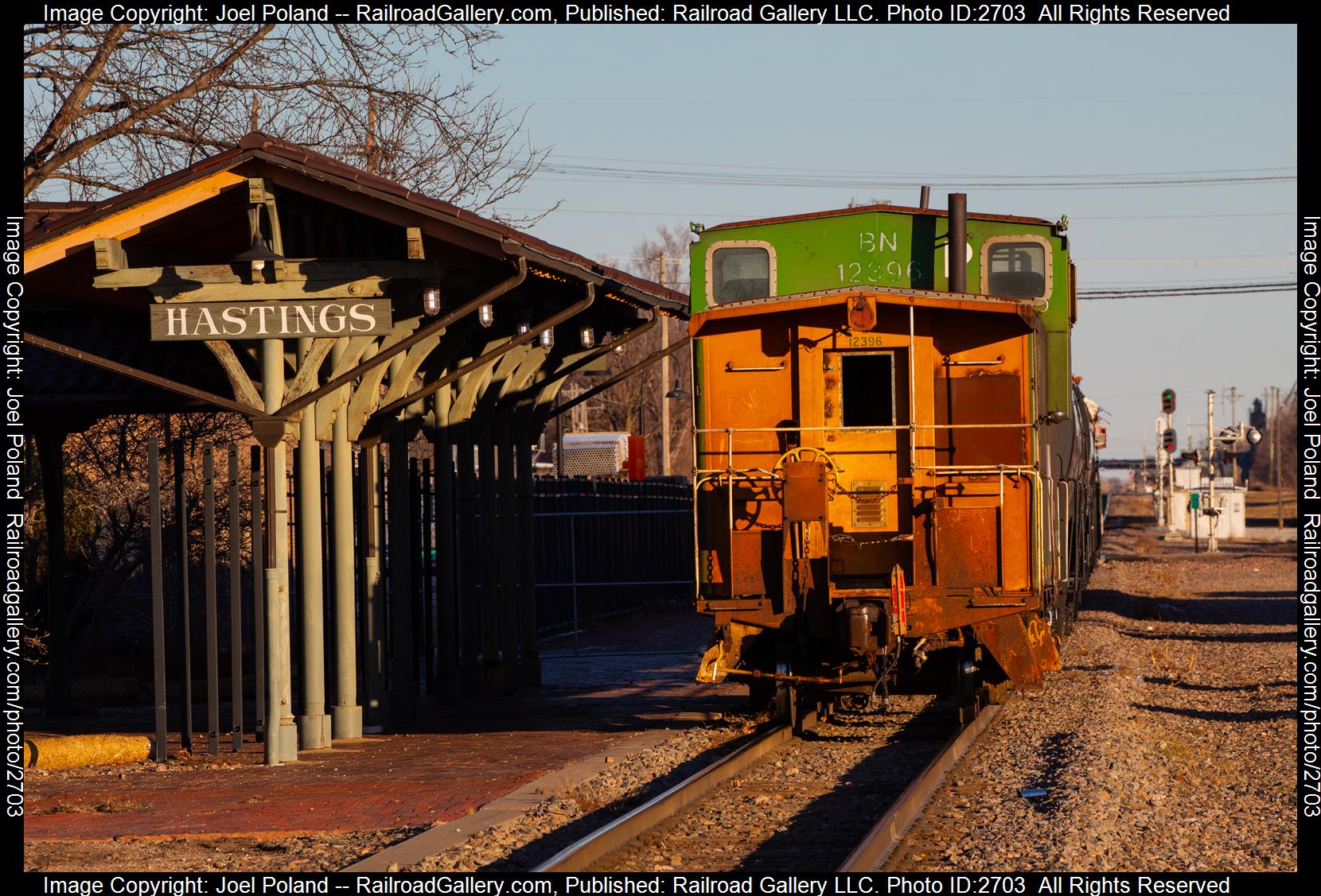 BN 12396 is a class Waycar and  is pictured in Hastings, Nebraska, USA.  This was taken along the Hastings Sub on the BNSF Railway. Photo Copyright: Joel Poland uploaded to Railroad Gallery on 12/17/2023. This photograph of BN 12396 was taken on Saturday, December 17, 2022. All Rights Reserved. 