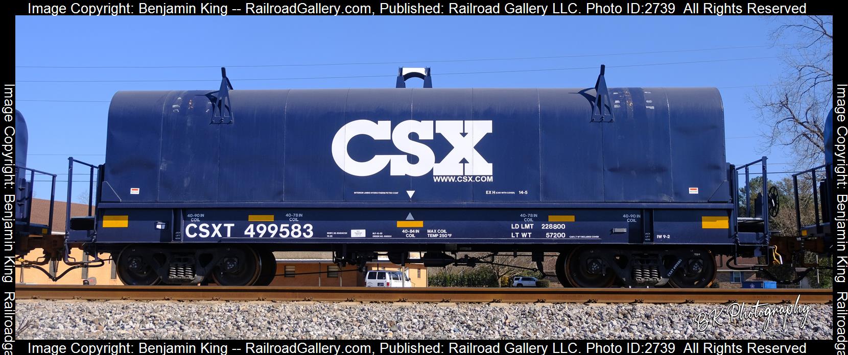 CSXT 499583 is a class Freightcar America Coil Car and  is pictured in Jamestown, Georgia, USA.  This was taken along the CSXT Fitzgerald Subdivision on the CSX Transportation. Photo Copyright: Benjamin King uploaded to Railroad Gallery on 12/20/2023. This photograph of CSXT 499583 was taken on Monday, January 02, 2023. All Rights Reserved. 