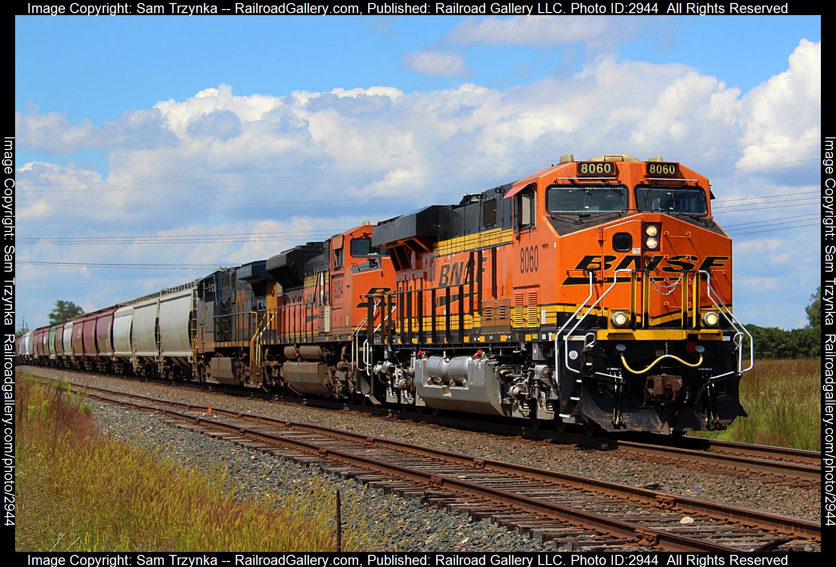 BNSF 8060 is a class GE ES44C4 and  is pictured in Cottage Grove, Minnesota, USA.  This was taken along the BNSF St. Paul Subdivision on the BNSF Railway. Photo Copyright: Sam Trzynka uploaded to Railroad Gallery on 01/12/2024. This photograph of BNSF 8060 was taken on Saturday, August 12, 2023. All Rights Reserved. 