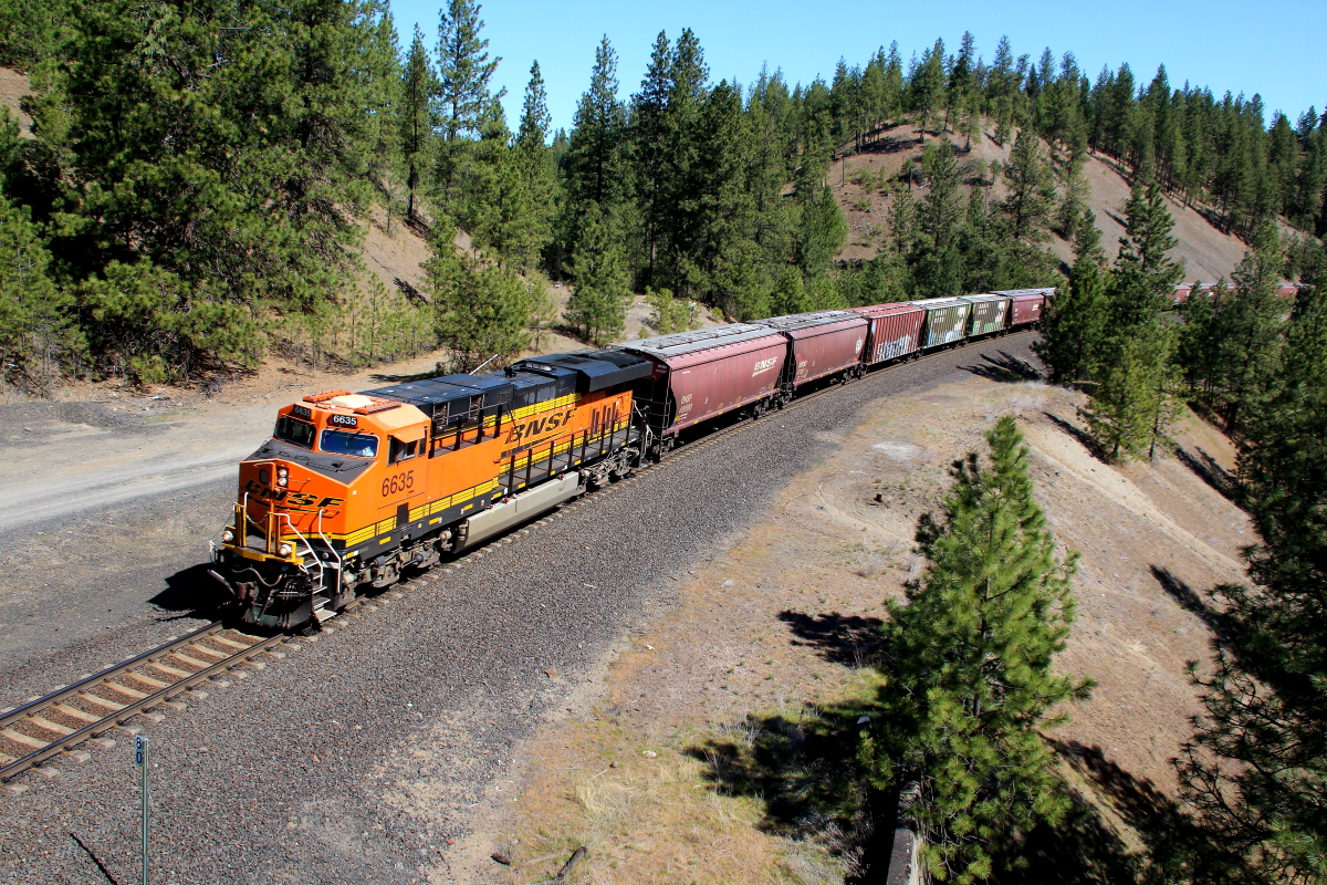 BNSF 6635 is a class GE ES44AC and  is pictured in Marshall, Washington, USA.  This was taken along the Pasco/BNSF on the BNSF Railway. Photo Copyright: Rick Doughty uploaded to Railroad Gallery on 01/17/2024. This photograph of BNSF 6635 was taken on Sunday, May 02, 2021. All Rights Reserved. 