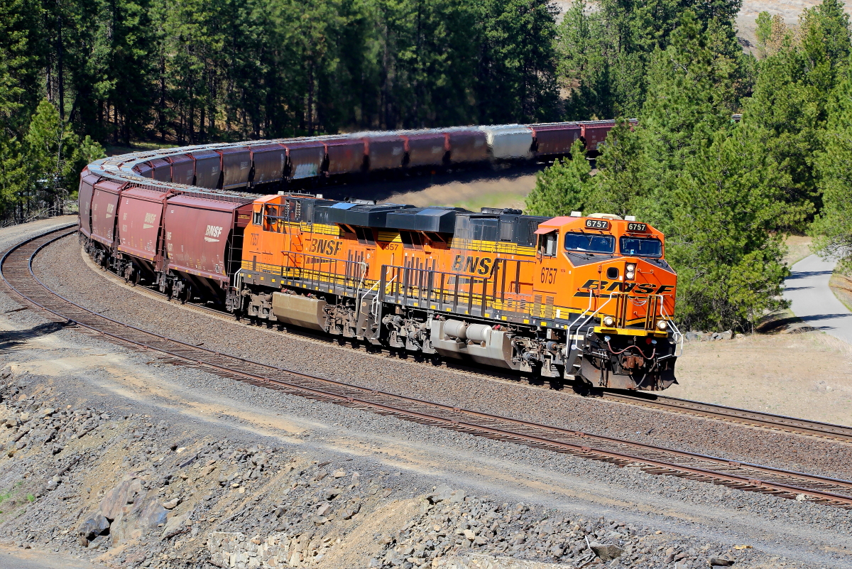 BNSF 6757 is a class GE ES44AC and  is pictured in Marshall, Washington, USA.  This was taken along the Pasco/BNSF on the BNSF Railway. Photo Copyright: Rick Doughty uploaded to Railroad Gallery on 01/17/2024. This photograph of BNSF 6757 was taken on Sunday, May 02, 2021. All Rights Reserved. 