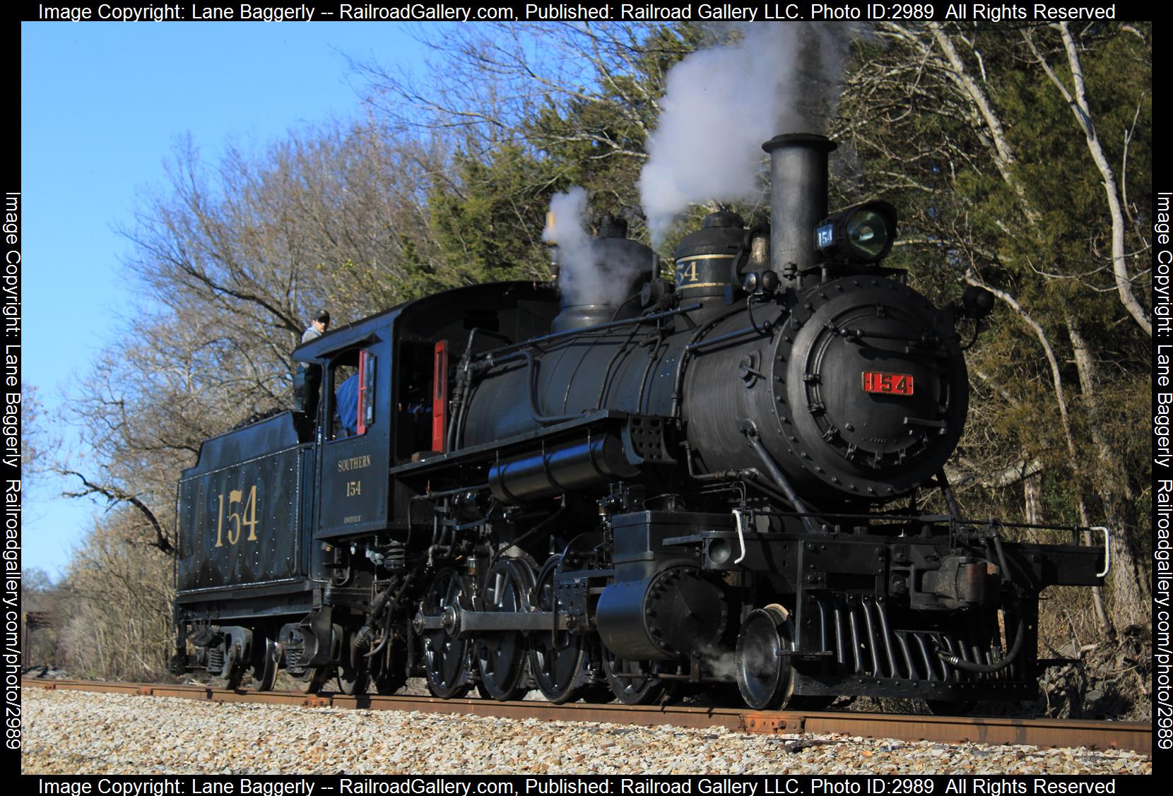 SOU 154 is a class 2-8-0 and  is pictured in Knoxville, Tennessee, United States.  This was taken along the Knoxville & Holston on the Southern Railway. Photo Copyright: Lane Baggerly uploaded to Railroad Gallery on 01/18/2024. This photograph of SOU 154 was taken on Sunday, December 12, 2021. All Rights Reserved. 