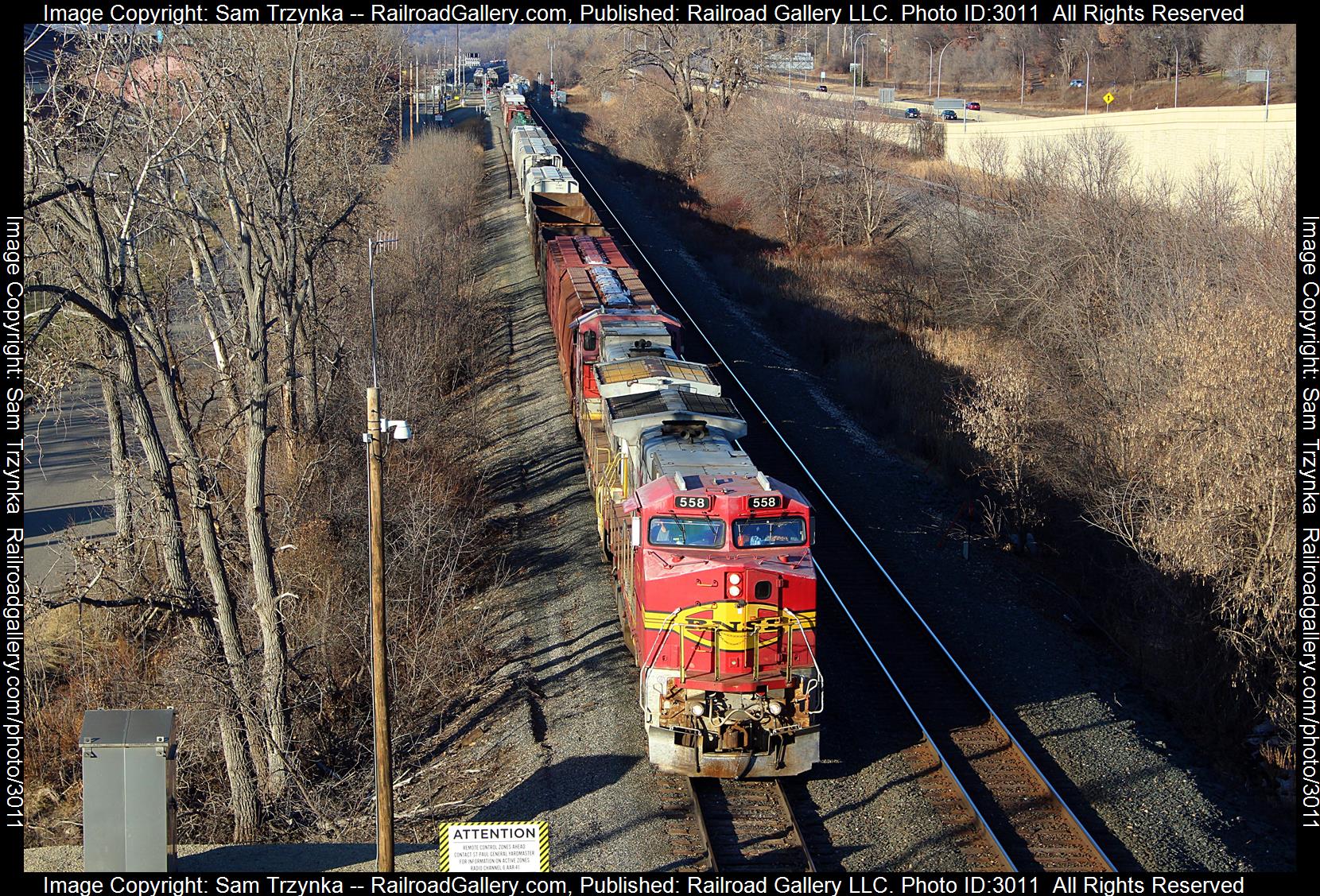 BNSF 558 is a class GE B40-8W (Dash 8-40BW) and  is pictured in Newport, Minnesota, USA.  This was taken along the BNSF St. Paul Subdivision on the BNSF Railway. Photo Copyright: Sam Trzynka uploaded to Railroad Gallery on 01/22/2024. This photograph of BNSF 558 was taken on Wednesday, December 20, 2023. All Rights Reserved. 