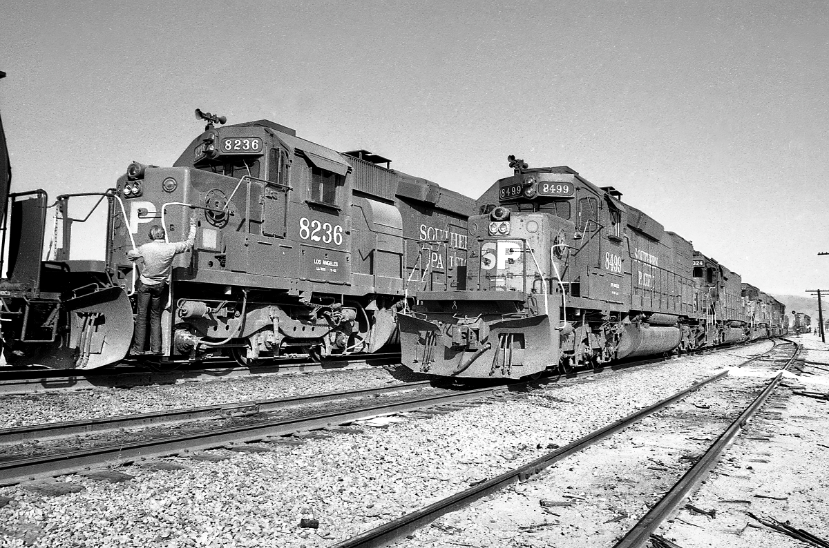 SP 8236 is a class EMD SD40T-2 and  is pictured in Tehachapi, California, USA.  This was taken along the Mojave/SP on the Southern Pacific Transportation Company. Photo Copyright: Rick Doughty uploaded to Railroad Gallery on 01/24/2024. This photograph of SP 8236 was taken on Saturday, August 21, 1993. All Rights Reserved. 