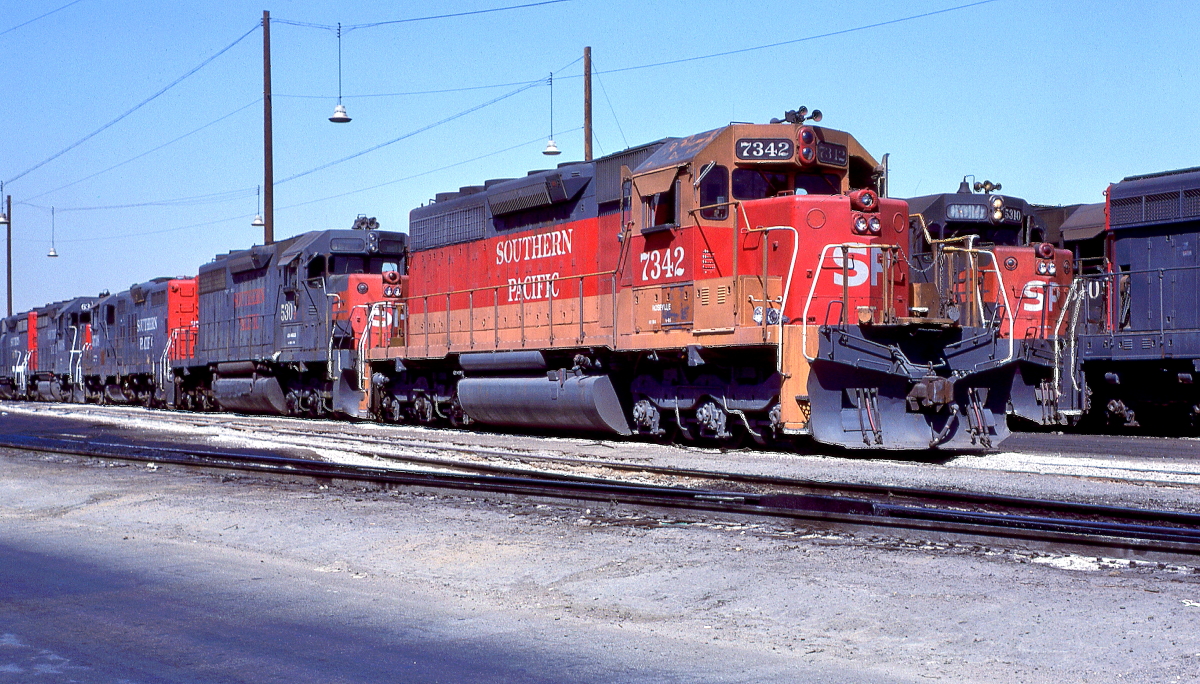 SP 7342 is a class EMD SD40R and  is pictured in West Colton, California, USA.  This was taken along the Los Angeles/SP on the Southern Pacific Transportation Company. Photo Copyright: Rick Doughty uploaded to Railroad Gallery on 01/31/2024. This photograph of SP 7342 was taken on Thursday, August 01, 1985. All Rights Reserved. 