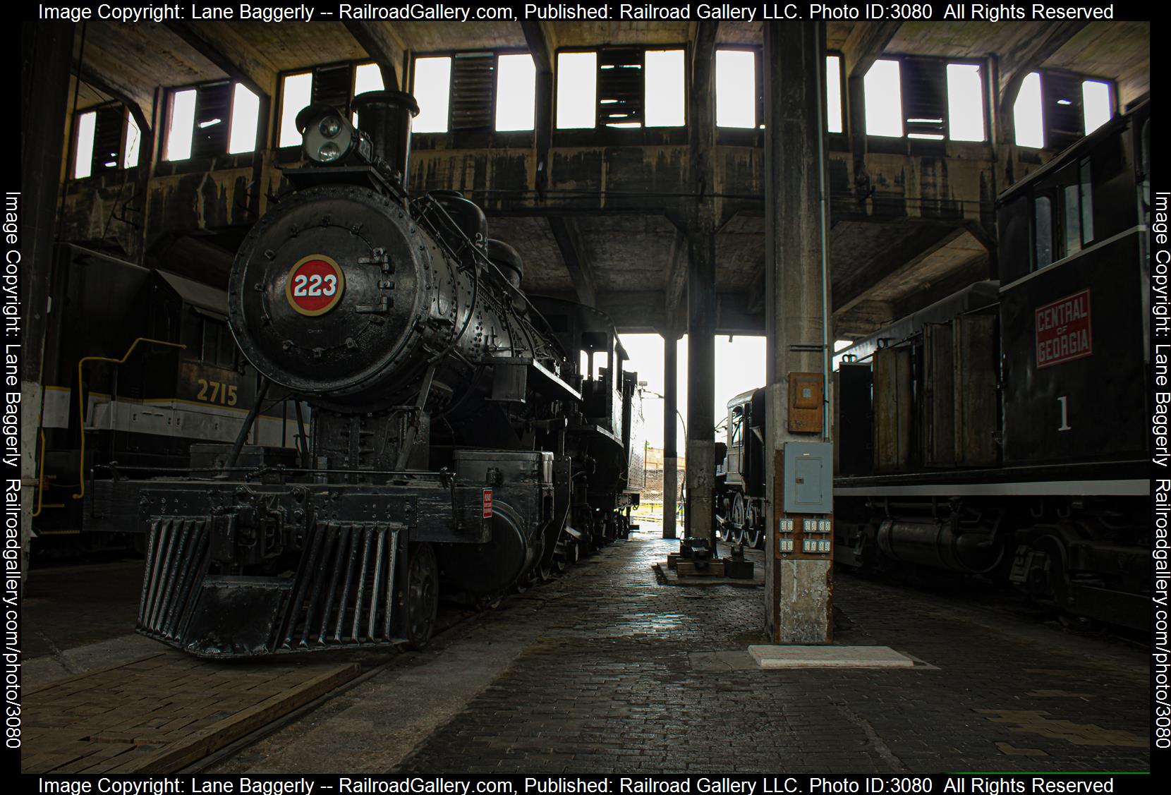 CofG 223 is a class 2-8-0 and  is pictured in Savannah, Georgia, United States.  This was taken along the Georgia State Railroad Museum on the Central of Georgia Railroad. Photo Copyright: Lane Baggerly uploaded to Railroad Gallery on 02/04/2024. This photograph of CofG 223 was taken on Tuesday, July 20, 2021. All Rights Reserved. 