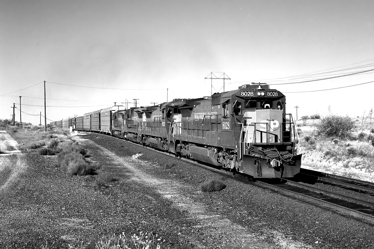SP 8028 is a class GE B39-8E (Dash 8-39BE) and  is pictured in Mescal, Arizona, USA.  This was taken along the Lordsburg/SP on the Southern Pacific Transportation Company. Photo Copyright: Rick Doughty uploaded to Railroad Gallery on 02/13/2024. This photograph of SP 8028 was taken on Wednesday, October 14, 1987. All Rights Reserved. 