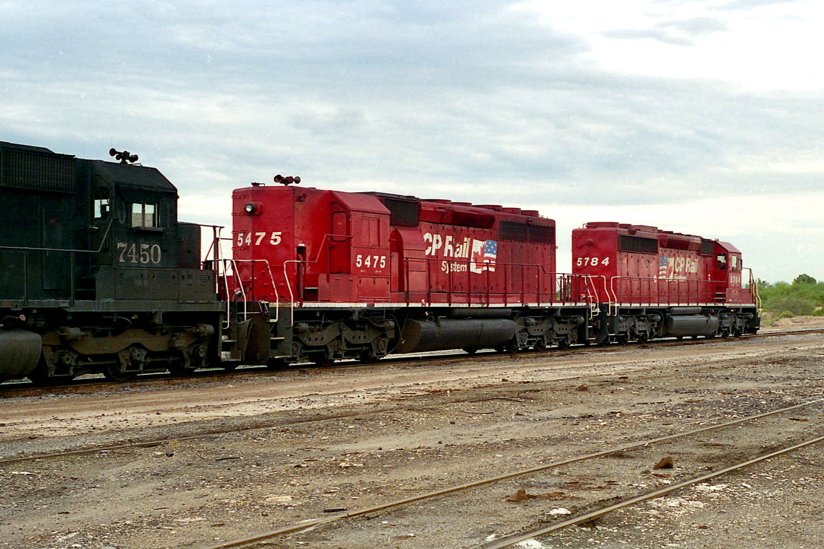 CP 5475 is a class EMD SD40-2 and  is pictured in Tucson, Arizona, USA.  This was taken along the Lordsburg/SP on the Canadian Pacific Railway. Photo Copyright: Rick Doughty uploaded to Railroad Gallery on 02/13/2024. This photograph of CP 5475 was taken on Friday, September 06, 1996. All Rights Reserved. 