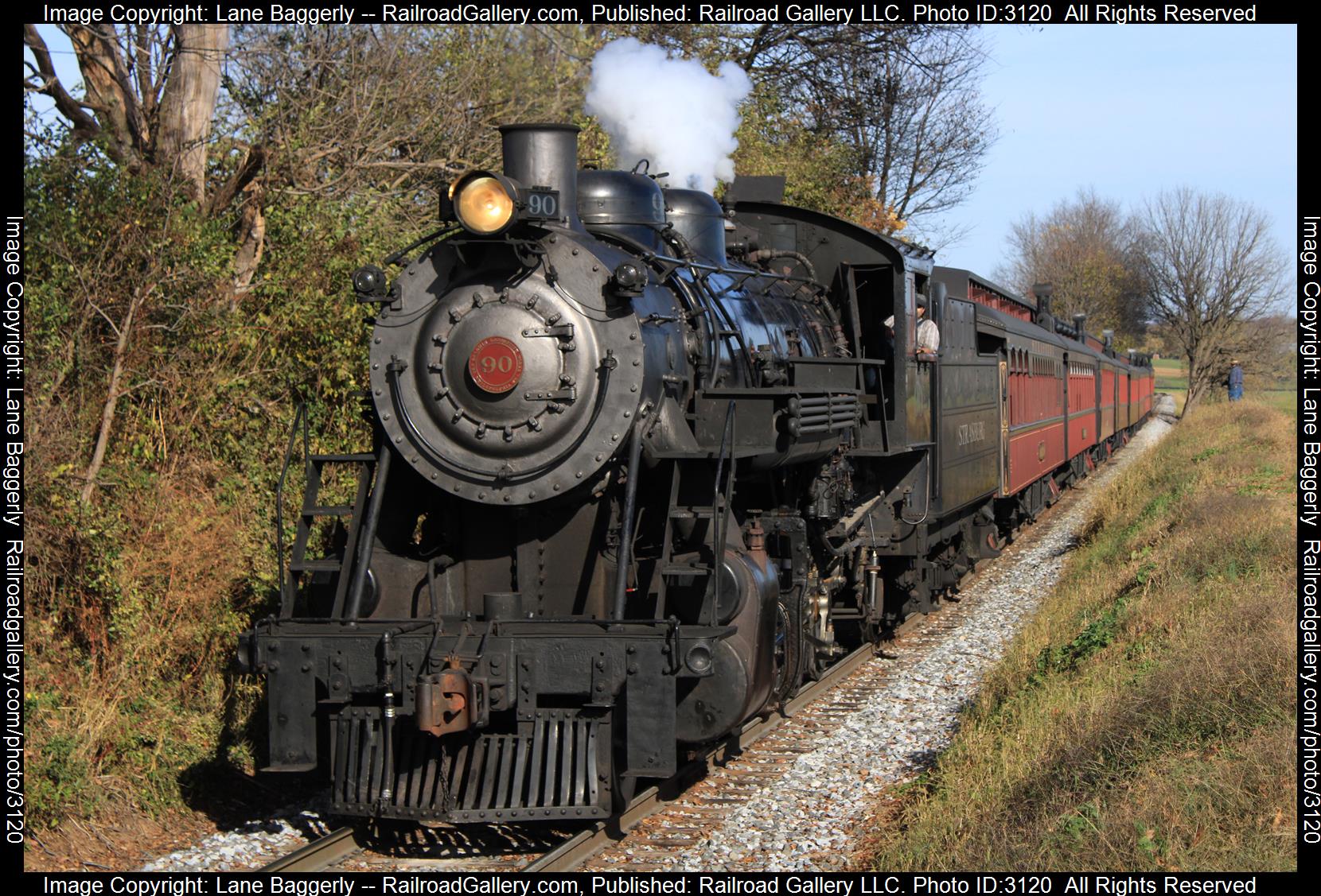 SRC 90 is a class 2-10-0 and  is pictured in Strasburg, Pennsylvania, United States.  This was taken along the SRC on the Strasburg Rail Road. Photo Copyright: Lane Baggerly uploaded to Railroad Gallery on 02/15/2024. This photograph of SRC 90 was taken on Friday, November 04, 2022. All Rights Reserved. 