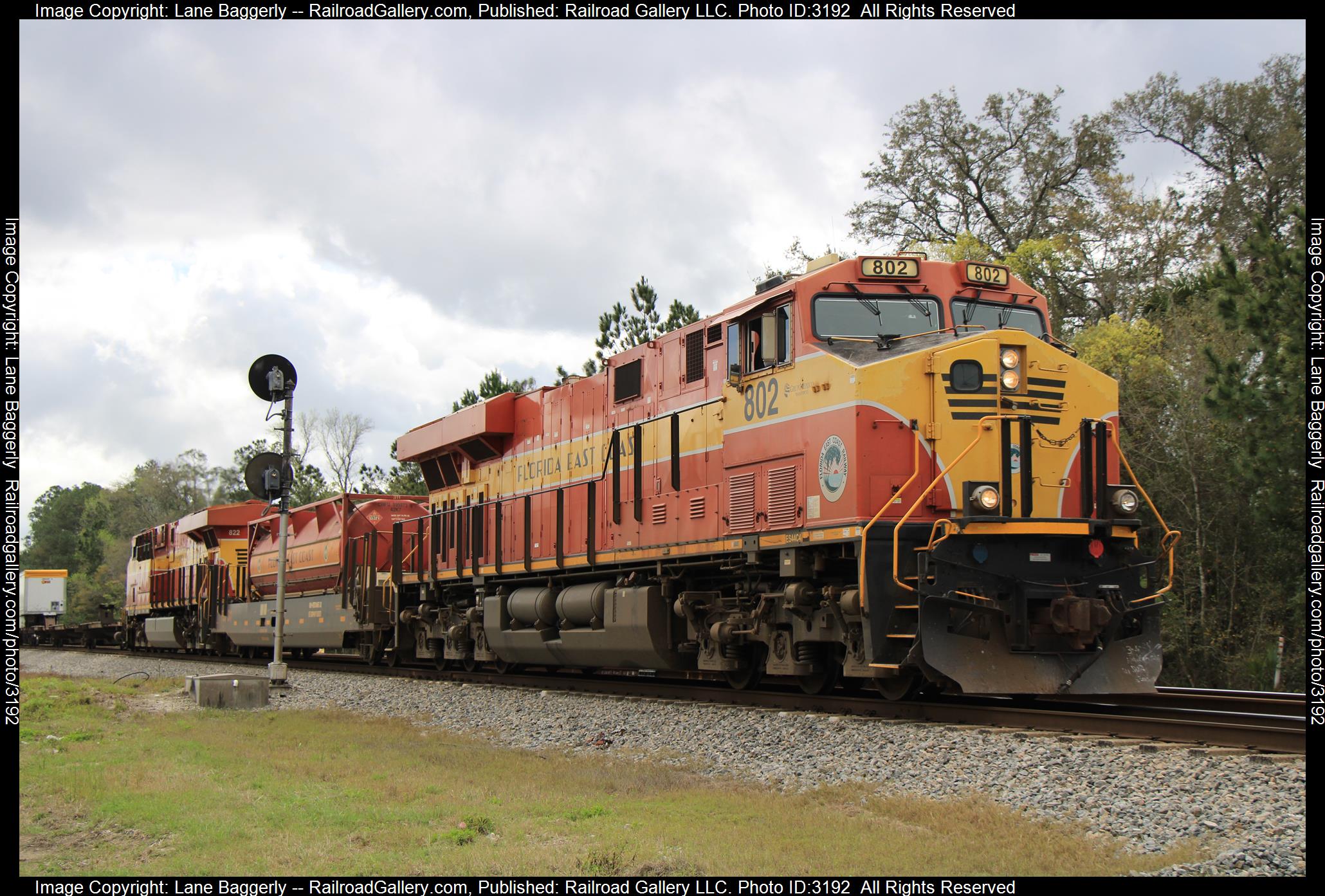 FEC 802 is a class GE ES44C4 and  is pictured in Jacksonville, Florida, United States.  This was taken along the FEC Main on the Florida East Coast Railway. Photo Copyright: Lane Baggerly uploaded to Railroad Gallery on 03/10/2024. This photograph of FEC 802 was taken on Wednesday, March 06, 2024. All Rights Reserved. 