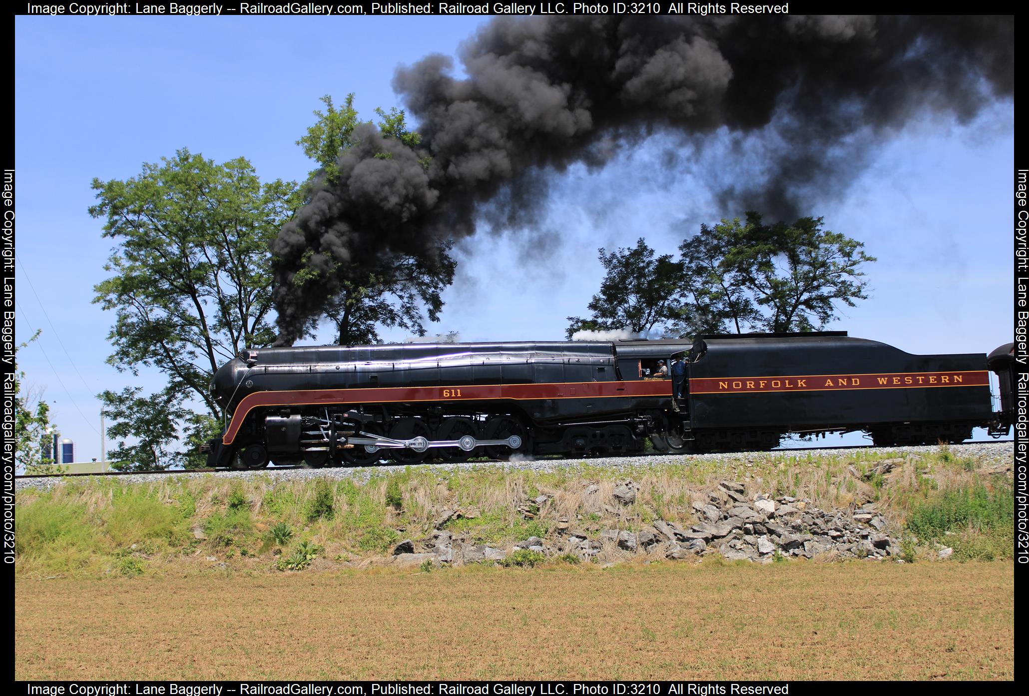 N&W 611 is a class 4-8-4 and  is pictured in Strasburg, Pennsylvania, United States.  This was taken along the SRC on the Strasburg Rail Road. Photo Copyright: Lane Baggerly uploaded to Railroad Gallery on 03/16/2024. This photograph of N&W 611 was taken on Saturday, May 27, 2023. All Rights Reserved. 