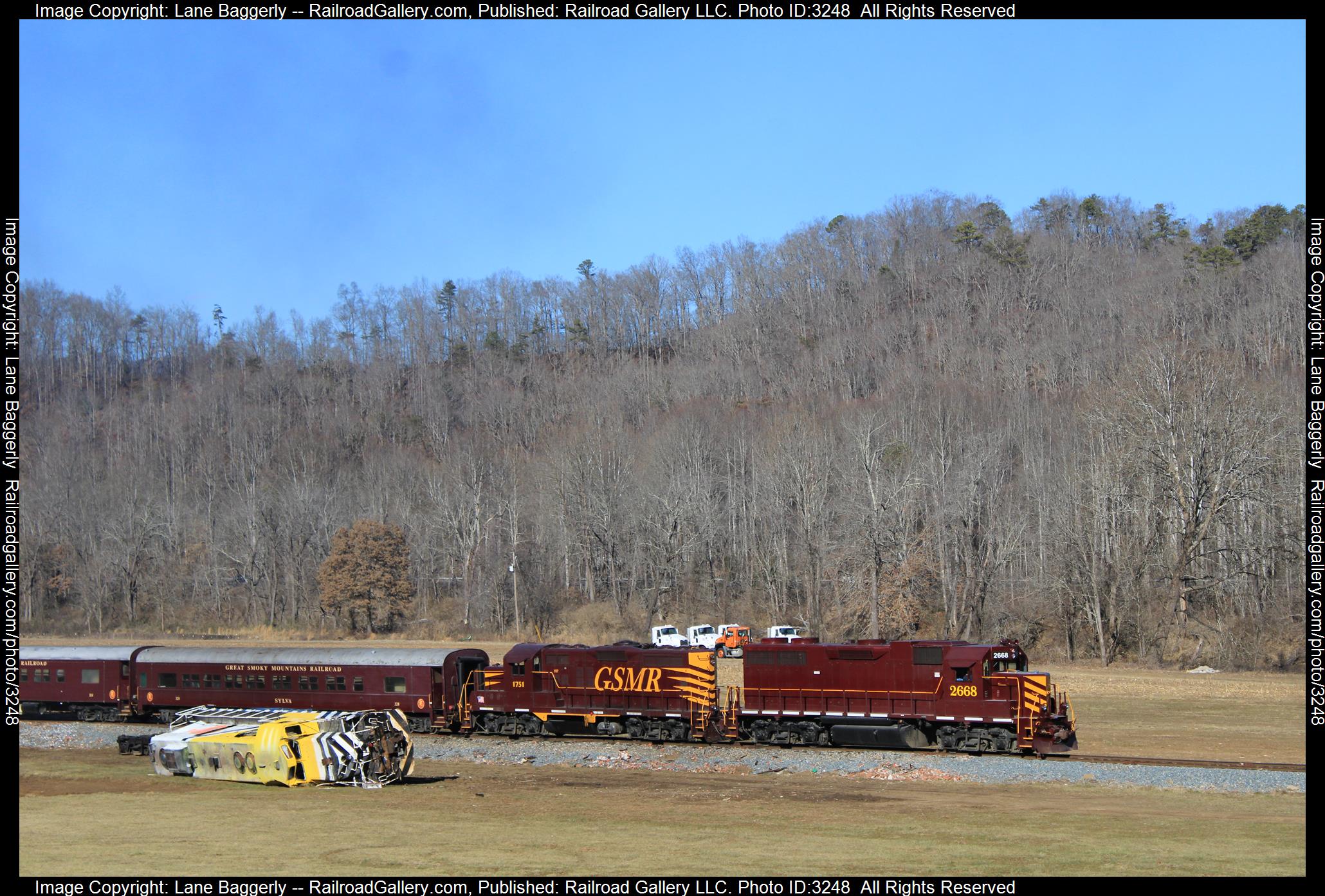 GSMR 2668 is a class EMD GP38-2 and  is pictured in Whitter, North Carolina, United States.  This was taken along the Murphy Branch on the Great Smoky Mountain . Photo Copyright: Lane Baggerly uploaded to Railroad Gallery on 04/02/2024. This photograph of GSMR 2668 was taken on Wednesday, December 29, 2021. All Rights Reserved. 