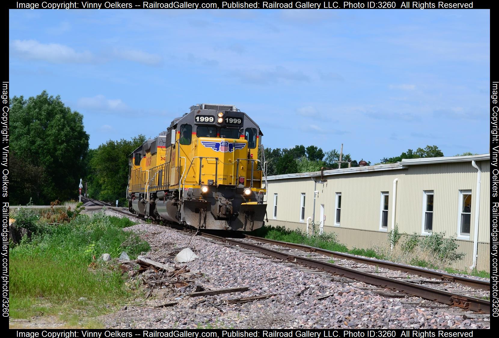 UP 1999 is a class SD40N and  is pictured in Algona, IA, United States.  This was taken along the Jewell Subdivision  on the Union Pacific Railroad. Photo Copyright: Vinny Oelkers uploaded to Railroad Gallery on 04/06/2024. This photograph of UP 1999 was taken on Wednesday, July 05, 2023. All Rights Reserved. 
