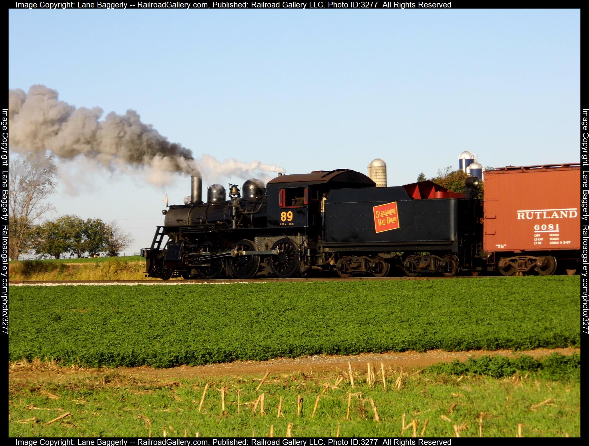 SRC 89 is a class 2-6-0 and  is pictured in Strasburg, Pennsylvania, United States.  This was taken along the SRC on the Strasburg Rail Road. Photo Copyright: Lane Baggerly uploaded to Railroad Gallery on 04/09/2024. This photograph of SRC 89 was taken on Saturday, October 17, 2020. All Rights Reserved. 