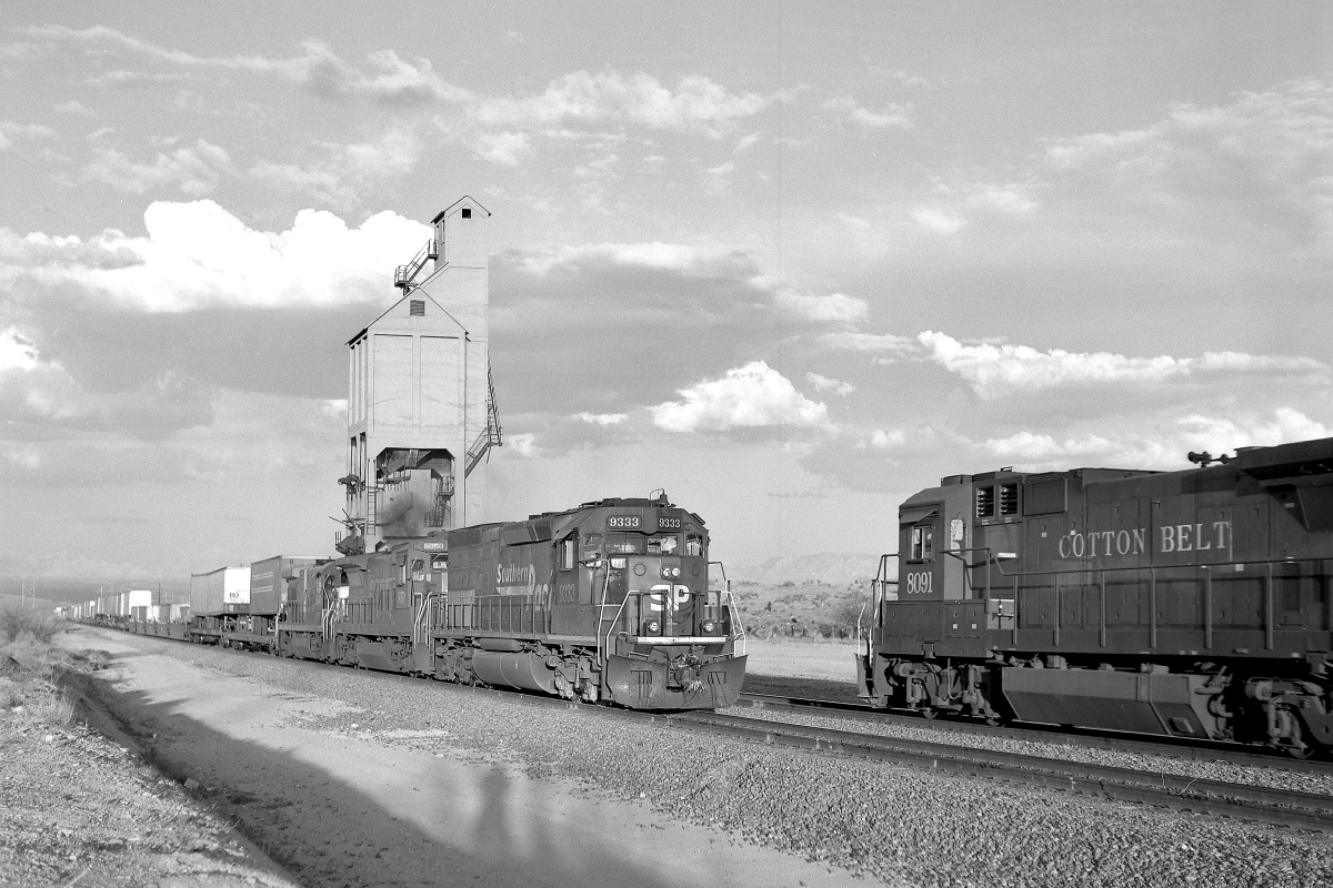 SP 9333 is a class EMD SD45T-2 and  is pictured in Mescal, Arizona, USA.  This was taken along the Lordsburg/SP on the Southern Pacific Transportation Company. Photo Copyright: Rick Doughty uploaded to Railroad Gallery on 04/10/2024. This photograph of SP 9333 was taken on Saturday, March 07, 1998. All Rights Reserved. 