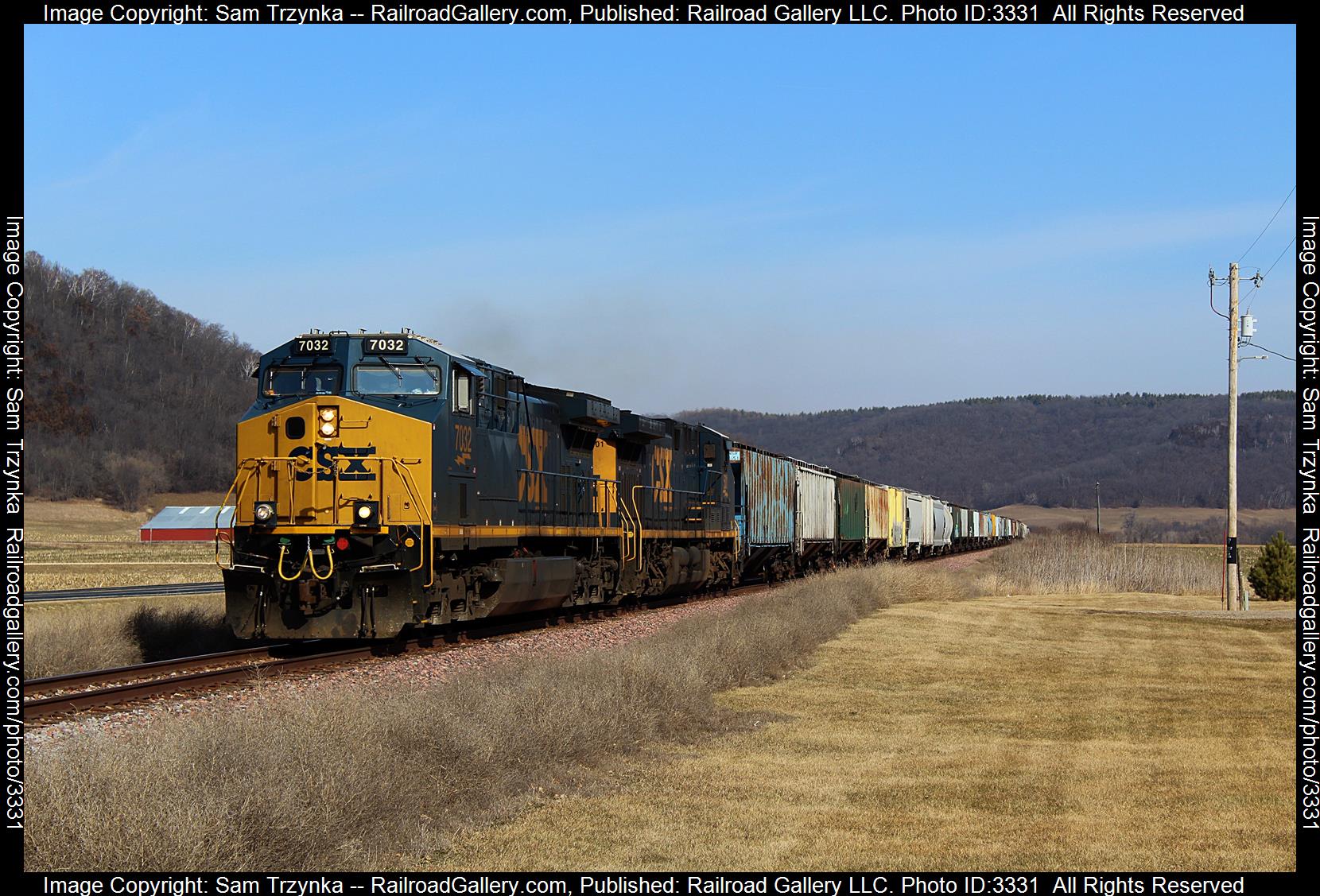 CSXT 7032 is a class GE CM44AC and  is pictured in Stockton, Minnesota, USA.  This was taken along the CPKC Waseca Subdivision on the CPKC Railway. Photo Copyright: Sam Trzynka uploaded to Railroad Gallery on 04/28/2024. This photograph of CSXT 7032 was taken on Saturday, March 02, 2024. All Rights Reserved. 