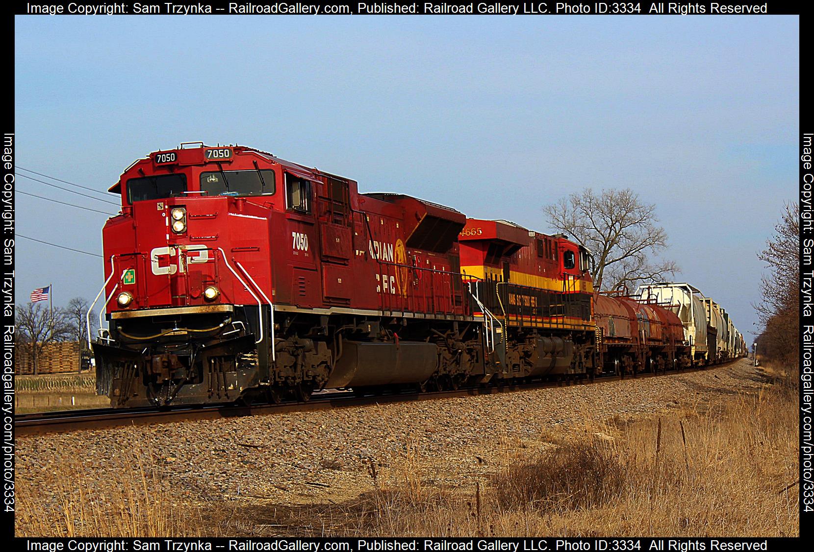 CP 7050 is a class EMD SD70ACU and  is pictured in Bangor, Wisconsin, USA.  This was taken along the CPKC Tomah Subdivsion on the CPKC Railway. Photo Copyright: Sam Trzynka uploaded to Railroad Gallery on 04/29/2024. This photograph of CP 7050 was taken on Saturday, March 02, 2024. All Rights Reserved. 