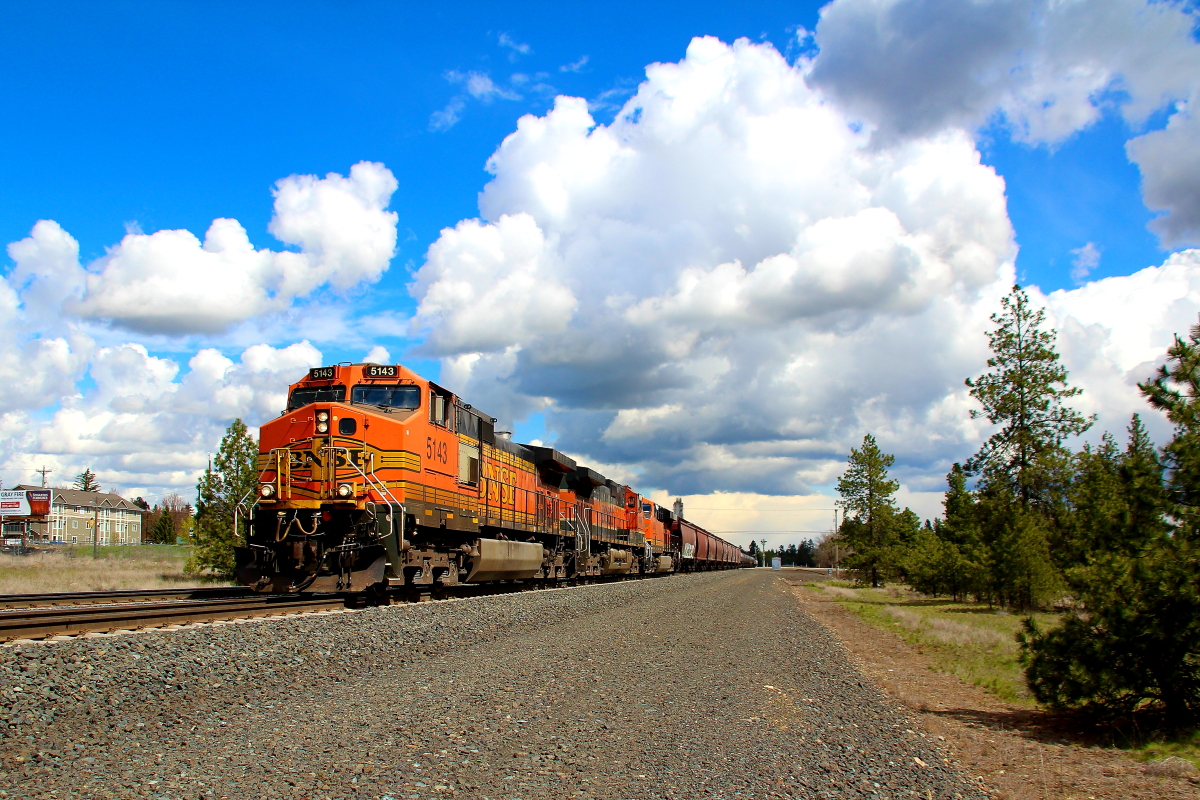 BNSF 5143 is a class GE C44-9W (Dash 9-44CW) and  is pictured in Cheney, Washington, USA.  This was taken along the Lakeside/BNSF on the BNSF Railway. Photo Copyright: Rick Doughty uploaded to Railroad Gallery on 04/30/2024. This photograph of BNSF 5143 was taken on Thursday, April 18, 2024. All Rights Reserved. 