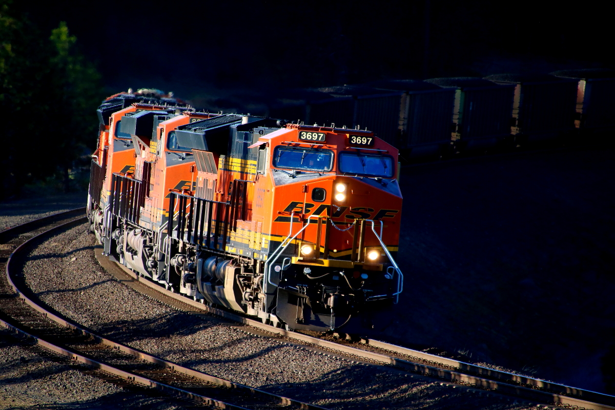 BNSF 3697 is a class GE ET44C4 and  is pictured in Scribner, Washington, USA.  This was taken along the Lakeside/BNSF on the BNSF Railway. Photo Copyright: Rick Doughty uploaded to Railroad Gallery on 05/03/2024. This photograph of BNSF 3697 was taken on Friday, April 19, 2024. All Rights Reserved. 