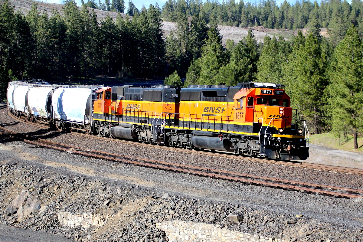 BNSF 1677 is a class EMD SD40-2 and  is pictured in Marshall, Washington, USA.  This was taken along the Lakeside/BNSF on the BNSF Railway. Photo Copyright: Rick Doughty uploaded to Railroad Gallery on 05/07/2024. This photograph of BNSF 1677 was taken on Thursday, April 18, 2024. All Rights Reserved. 