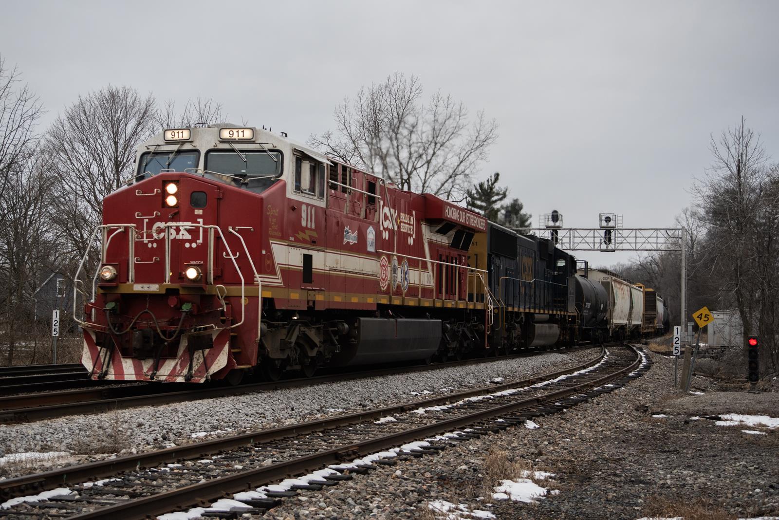 CSXT 911 is a class GE ES44AC and  is pictured in Auburn, Indiana, USA.  This was taken along the Garrett Subdivision on the CSX Transportation. Photo Copyright: Spencer Harman uploaded to Railroad Gallery on 12/29/2022. This photograph of CSXT 911 was taken on Thursday, December 29, 2022. All Rights Reserved. 