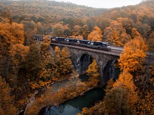 Norfolk Southern SD70ACU Helpers Cross Big Viaduct in South Fork in Autumn