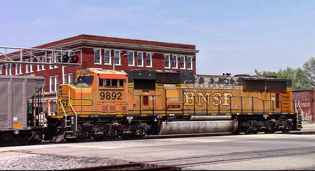 BNSF 9892 is a class EMD SD70MAC and  is pictured in Centralia, Illinois, USA.  This was taken along the BNSF Beardstown subdivision on the BNSF Railway. Photo Copyright: Blaise Lambert uploaded to Railroad Gallery on 04/27/2023. This photograph of BNSF 9892 was taken on Wednesday, April 26, 2023. All Rights Reserved. 