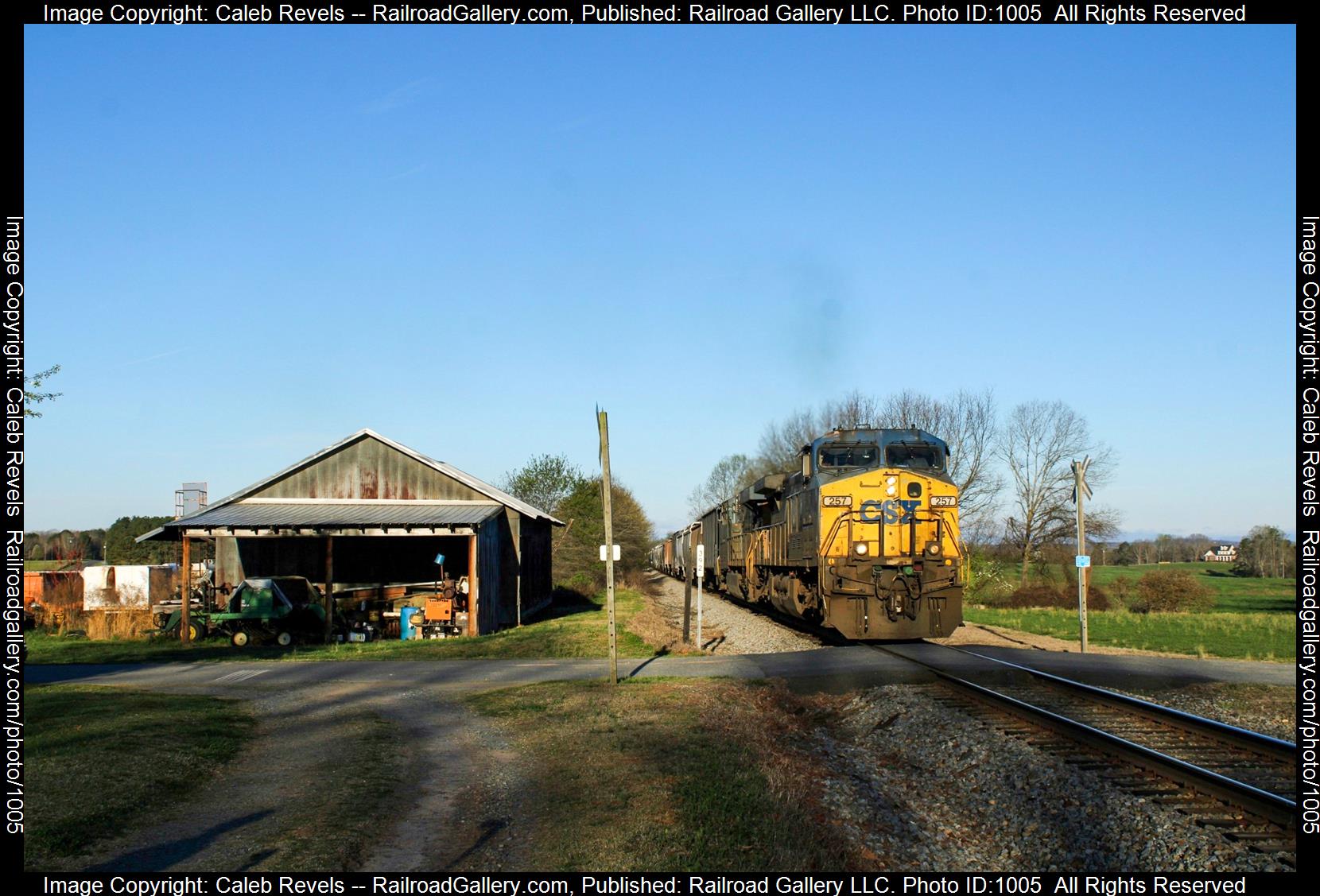 CSXT 257 is a class GE AC4400CW and  is pictured in Lattimore, North Carolina, USA.  This was taken along the CSX Charlotte Subdivision  on the CSX Transportation. Photo Copyright: Caleb Revels uploaded to Railroad Gallery on 04/28/2023. This photograph of CSXT 257 was taken on Saturday, March 11, 2023. All Rights Reserved. 