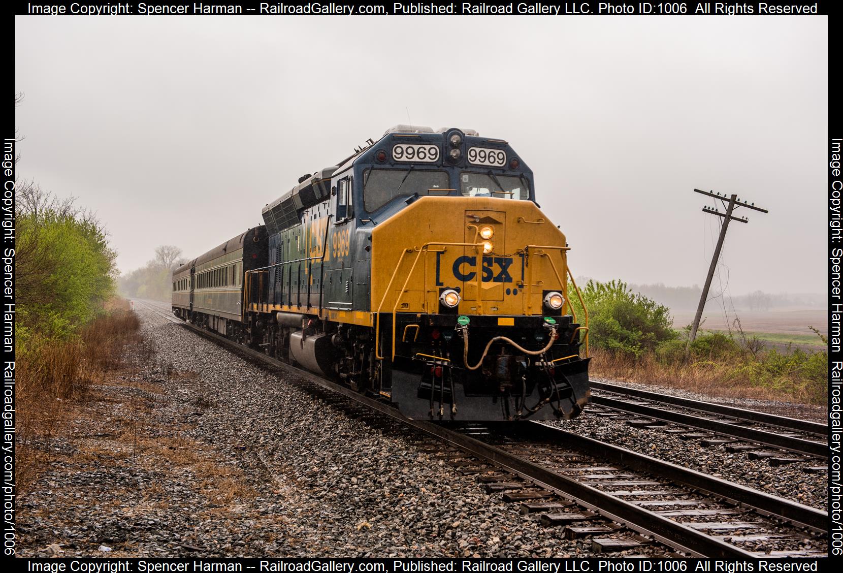 CSXT 9969 is a class EMD GP40WH-2 and  is pictured in Ripley, Indiana, USA.  This was taken along the Garrett Subdivision on the CSX Transportation. Photo Copyright: Spencer Harman uploaded to Railroad Gallery on 04/28/2023. This photograph of CSXT 9969 was taken on Friday, April 28, 2023. All Rights Reserved. 