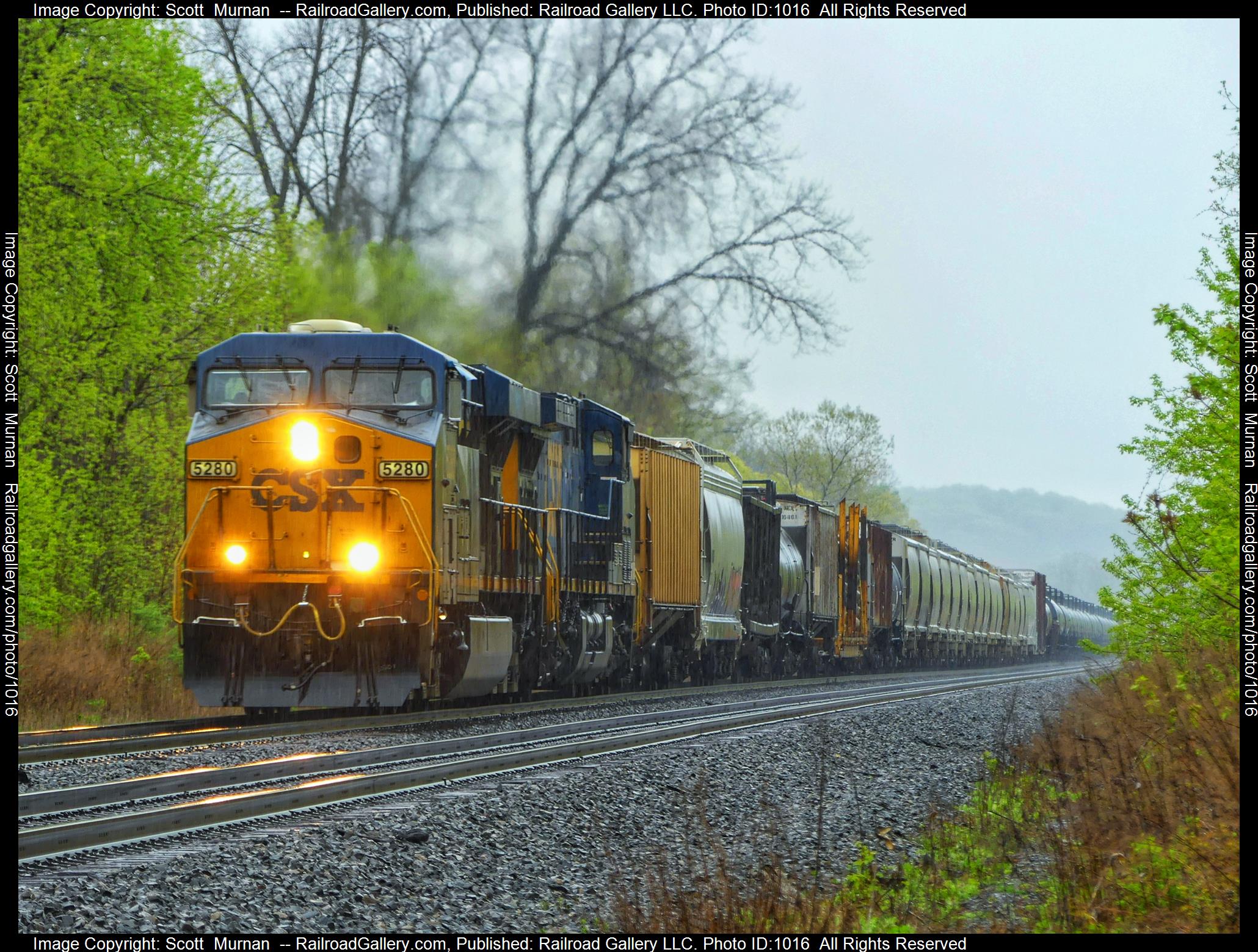 CSX 5280 is a class GE ES40DC and  is pictured in Perinton , New York, United States.  This was taken along the Rochester Subdivision  on the CSX Transportation. Photo Copyright: Scott  Murnan  uploaded to Railroad Gallery on 05/01/2023. This photograph of CSX 5280 was taken on Sunday, April 30, 2023. All Rights Reserved. 