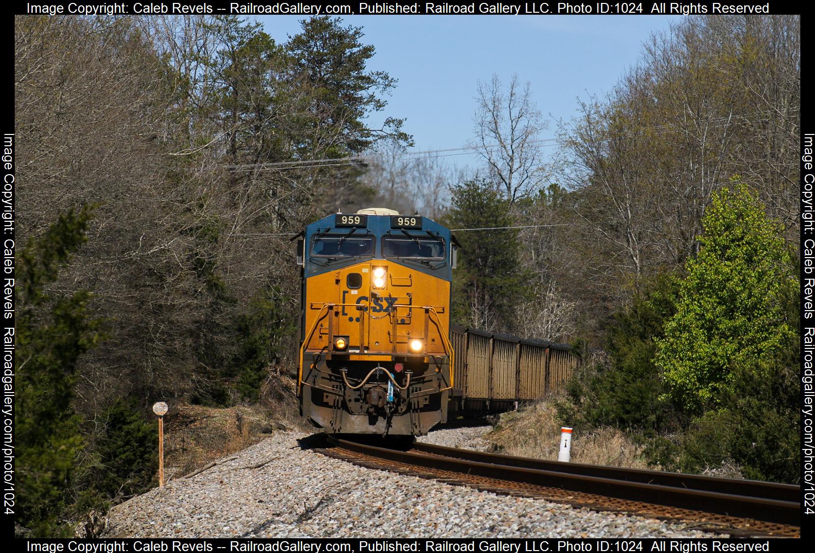 CSXT 959 is a class GE ES44AC and  is pictured in Harris, North Carolina, USA.  This was taken along the CSX Blue Ridge Subdivision  on the CSX Transportation. Photo Copyright: Caleb Revels uploaded to Railroad Gallery on 05/03/2023. This photograph of CSXT 959 was taken on Saturday, March 18, 2023. All Rights Reserved. 