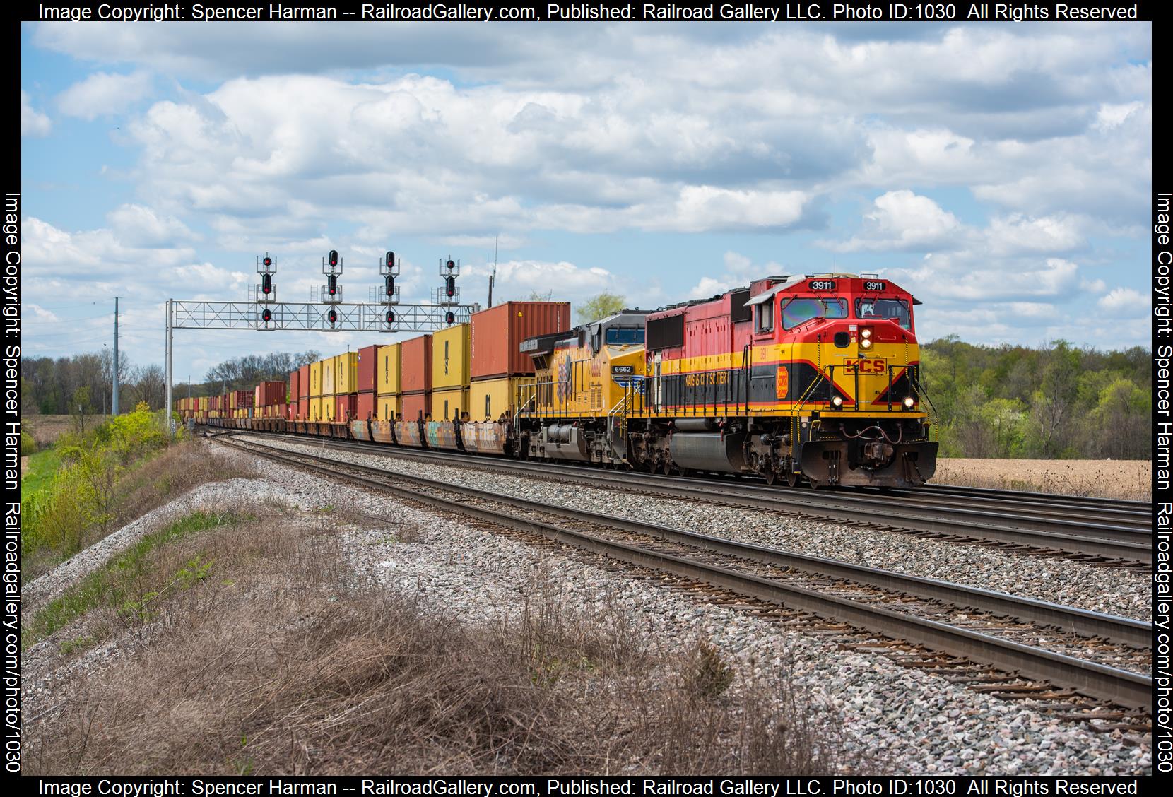 KCS 3911 is a class EMD SD70MAC and  is pictured in Altona, Indiana, USA.  This was taken along the Garrett Subdivision on the CSX Transportation. Photo Copyright: Spencer Harman uploaded to Railroad Gallery on 05/04/2023. This photograph of KCS 3911 was taken on Thursday, May 04, 2023. All Rights Reserved. 