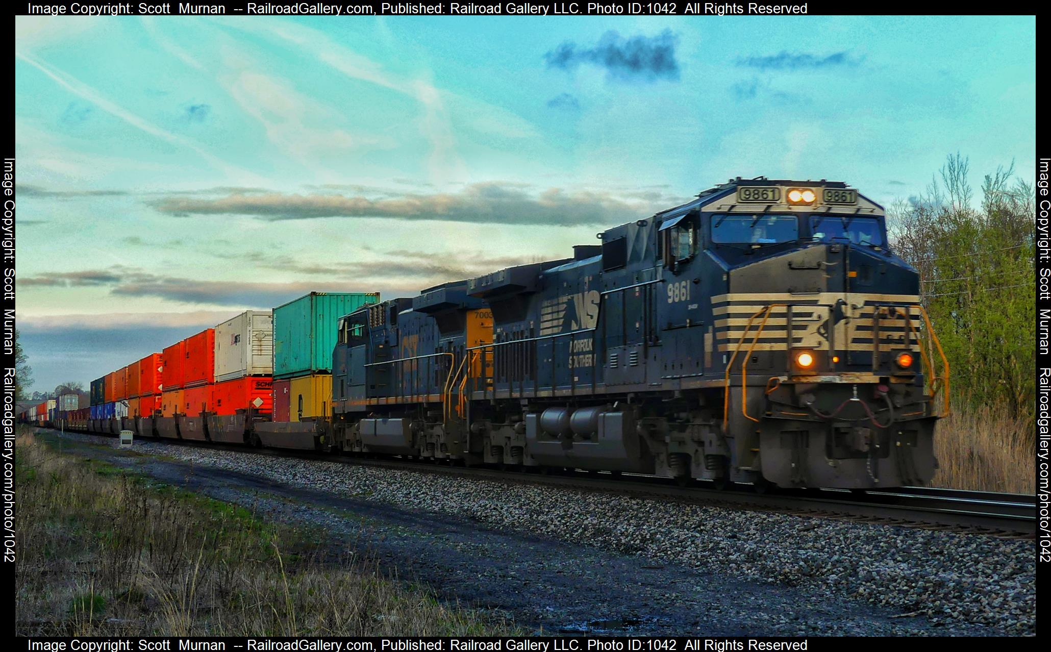 NS 9861 is a class GE C44-9W (Dash 9-44CW) and  is pictured in Macedon, New York, United States.  This was taken along the Rochester Subdivision  on the CSX Transportation. Photo Copyright: Scott  Murnan  uploaded to Railroad Gallery on 05/06/2023. This photograph of NS 9861 was taken on Thursday, May 04, 2023. All Rights Reserved. 