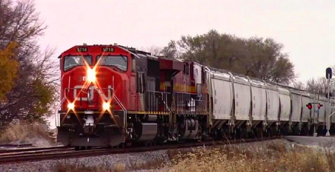 CN 5718 is a class EMD SD75I and  is pictured in Tolono, Illinois, USA.  This was taken along the CN Champaign subdivision on the Canadian National Railway. Photo Copyright: Blaise Lambert uploaded to Railroad Gallery on 05/10/2023. This photograph of CN 5718 was taken on Saturday, November 12, 2022. All Rights Reserved. 