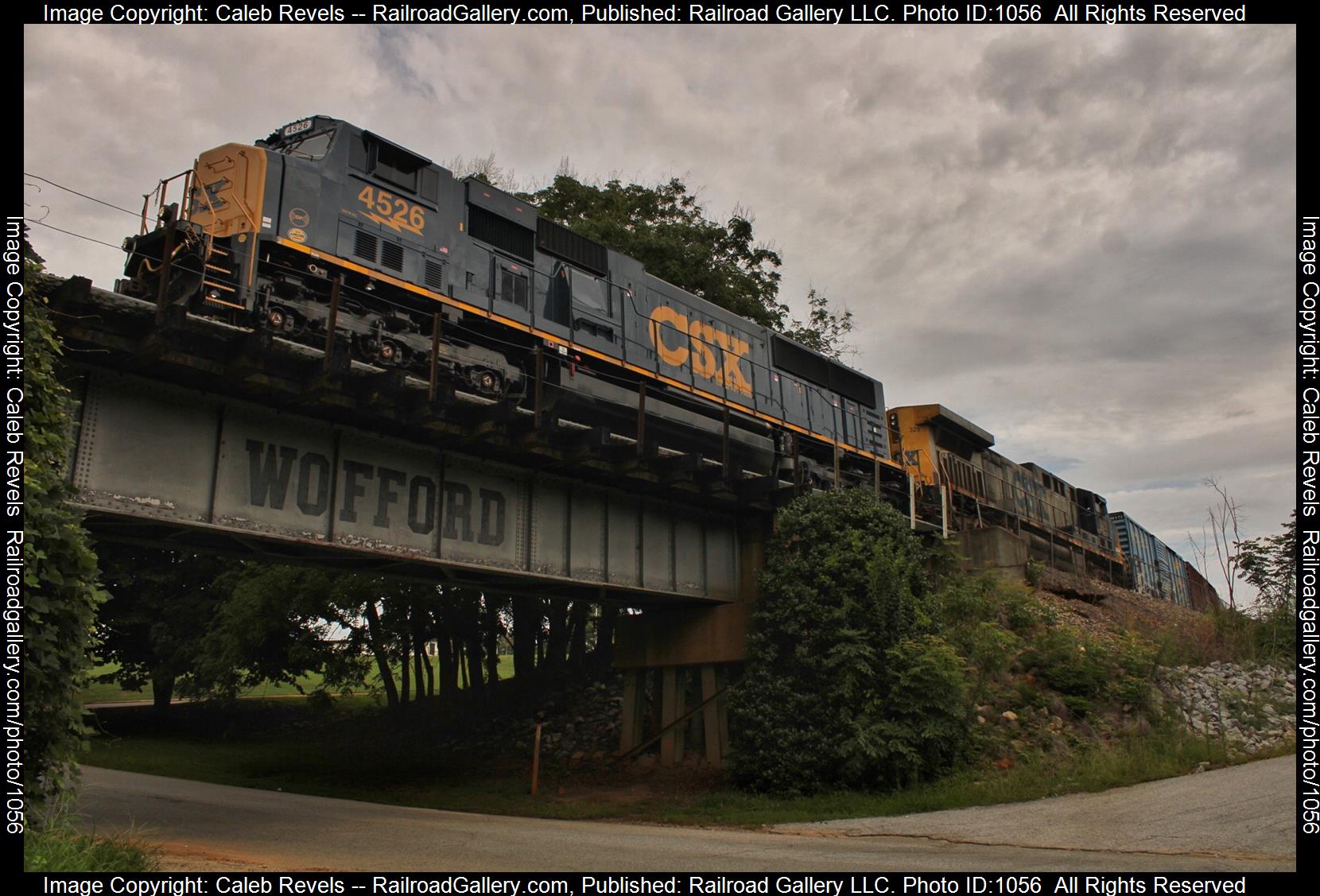 CSXT 4526 is a class EMD SD70MAC and  is pictured in Spartanburg, South Carolina, USA.  This was taken along the CSX Blue Ridge Subdivision  on the CSX Transportation. Photo Copyright: Caleb Revels uploaded to Railroad Gallery on 05/10/2023. This photograph of CSXT 4526 was taken on Saturday, July 30, 2022. All Rights Reserved. 