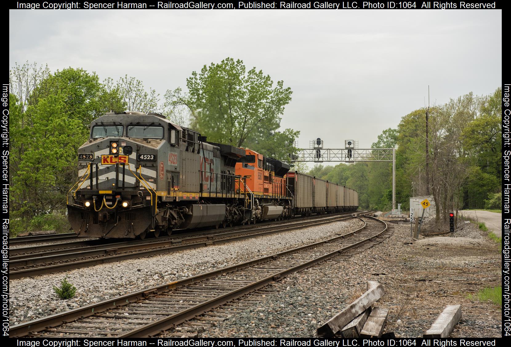 KCSM 4523 is a class GE AC4400CW and  is pictured in Auburn, Indiana, USA.  This was taken along the Garrett Subdivision on the CSX Transportation. Photo Copyright: Spencer Harman uploaded to Railroad Gallery on 05/12/2023. This photograph of KCSM 4523 was taken on Friday, May 12, 2023. All Rights Reserved. 