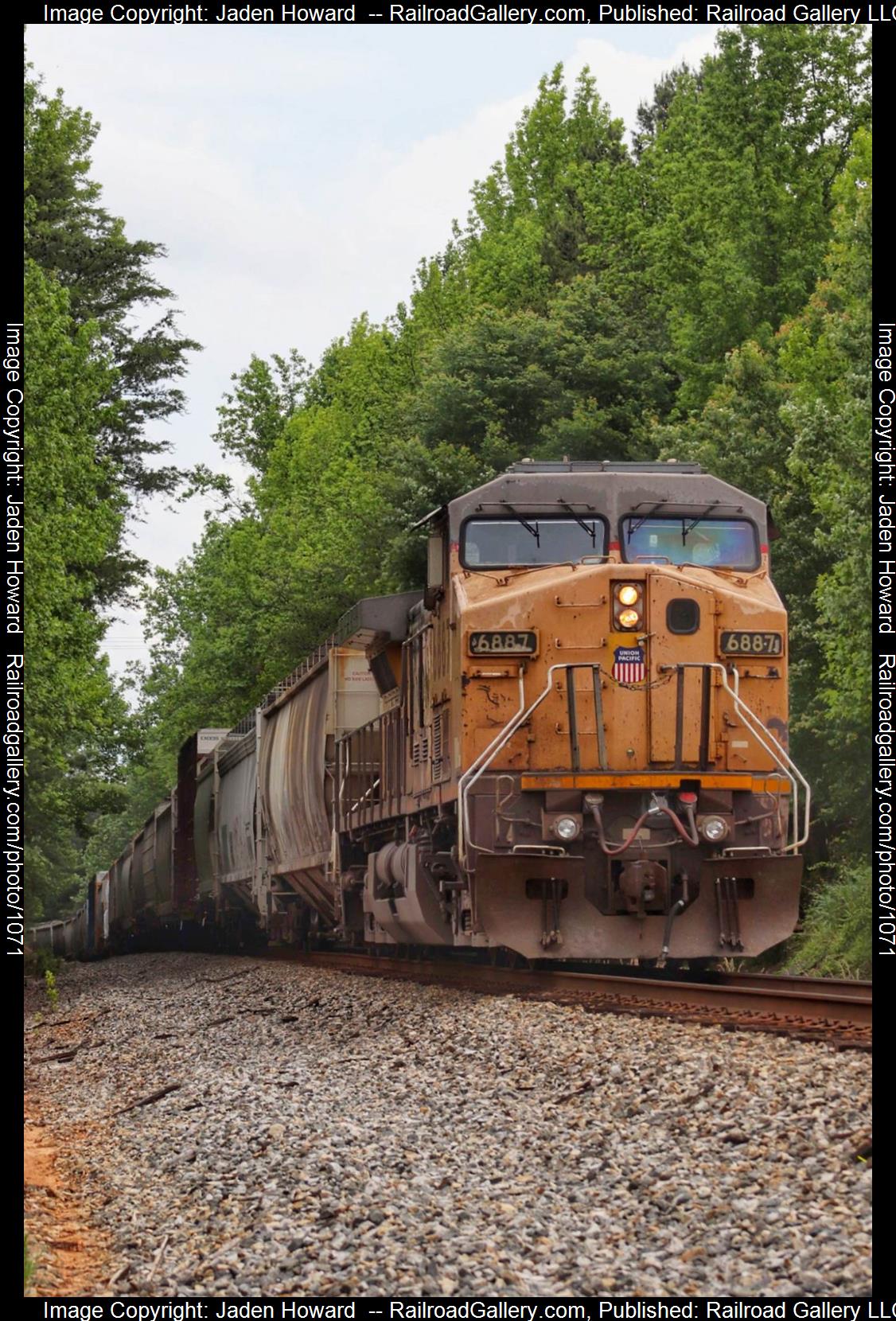 UP 6887 is a class GE AC6000CW and  is pictured in Jonesville, South Carolina , USA.  This was taken along the Columbia District/W Line on the Norfolk Southern. Photo Copyright: Jaden Howard  uploaded to Railroad Gallery on 05/15/2023. This photograph of UP 6887 was taken on Sunday, May 14, 2023. All Rights Reserved. 