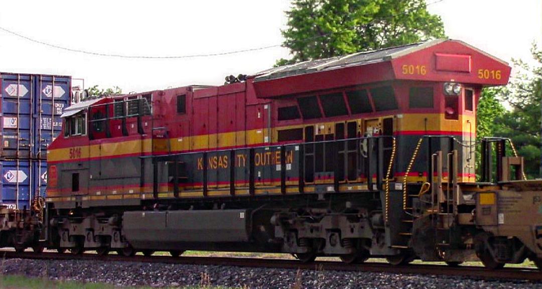 KCS 5016 is a class GE ET44AC and  is pictured in Mount Vernon, Illinois, USA.  This was taken along the UP Mount Vernon subdivision on the Kansas City Southern Railway. Photo Copyright: Blaise Lambert uploaded to Railroad Gallery on 05/21/2023. This photograph of KCS 5016 was taken on Thursday, May 18, 2023. All Rights Reserved. 