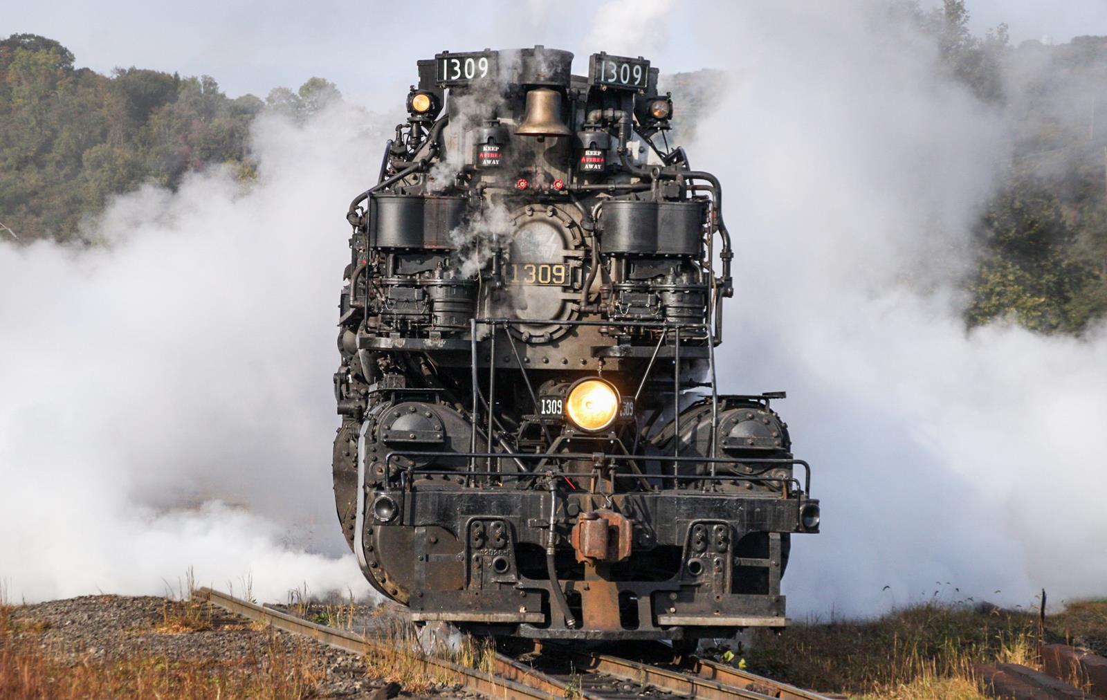 WMSR 1309 is a class Steam 2-6-6-2 and  is pictured in Ridgeley, West Virginia, United States.  This was taken along the N/A on the Western Maryland Scenic Railroad. Photo Copyright: Ian Cole uploaded to Railroad Gallery on 11/14/2022. This photograph of WMSR 1309 was taken on Wednesday, October 12, 2022. All Rights Reserved. 