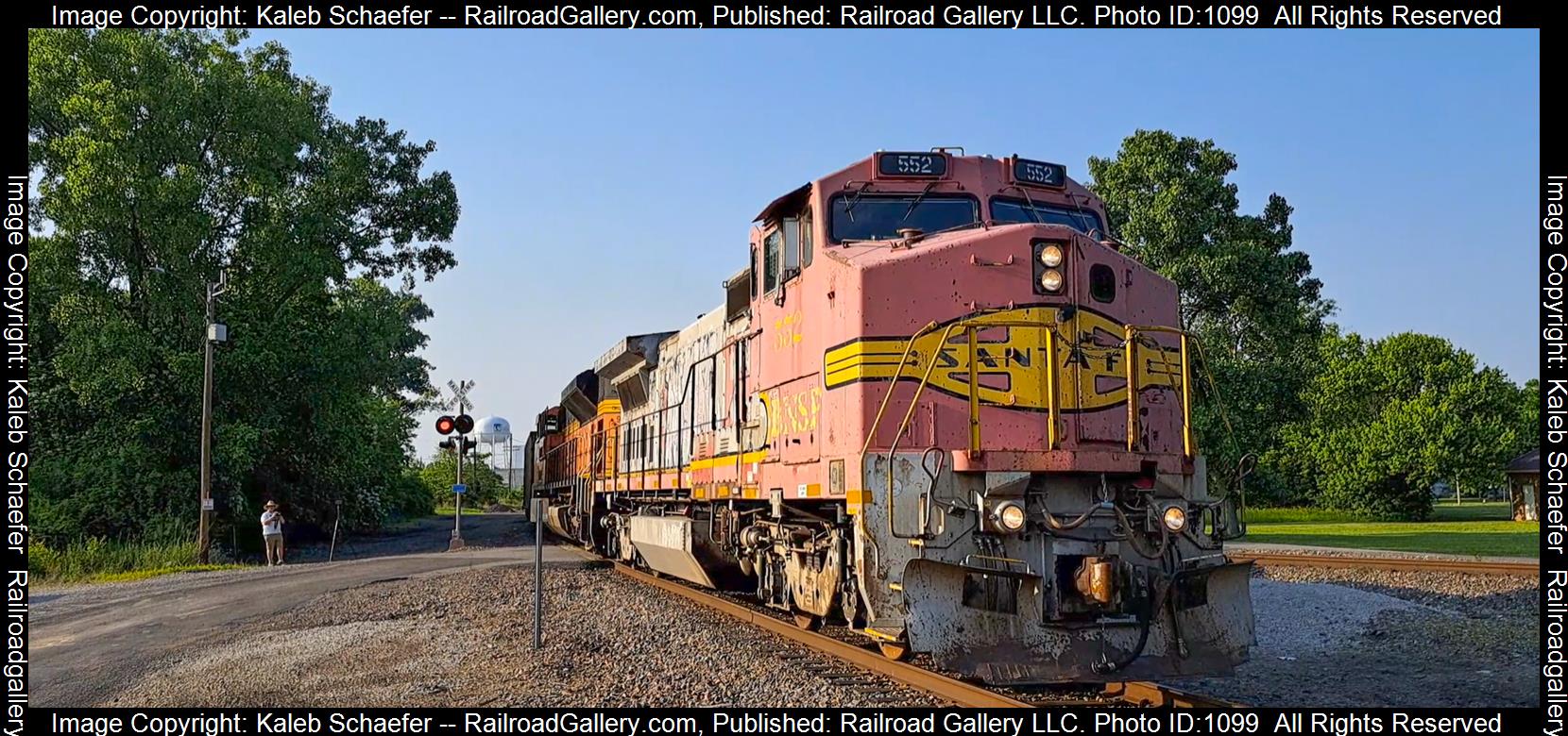 552 is a class B40-8W and  is pictured in Centralia , Illinois, USA.  This was taken along the BNSF Centralia Subdivision  on the BNSF Railway. Photo Copyright: Kaleb Schaefer uploaded to Railroad Gallery on 05/28/2023. This photograph of 552 was taken on Thursday, May 25, 2023. All Rights Reserved. 