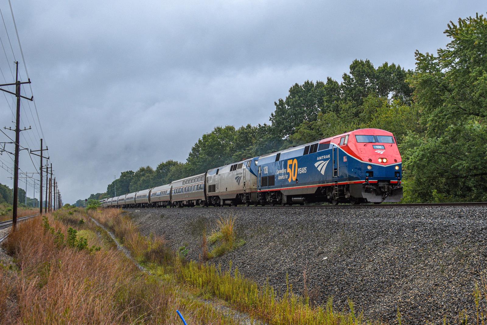 AMTK 108 is a class P42DC and  is pictured in South Bend, Indiana, United States.  This was taken along the NS Dearborn Division/Chicago Line on the Amtrak. Photo Copyright: Reed Hamilton uploaded to Railroad Gallery on 11/15/2022. This photograph of AMTK 108 was taken on Sunday, September 25, 2022. All Rights Reserved. 