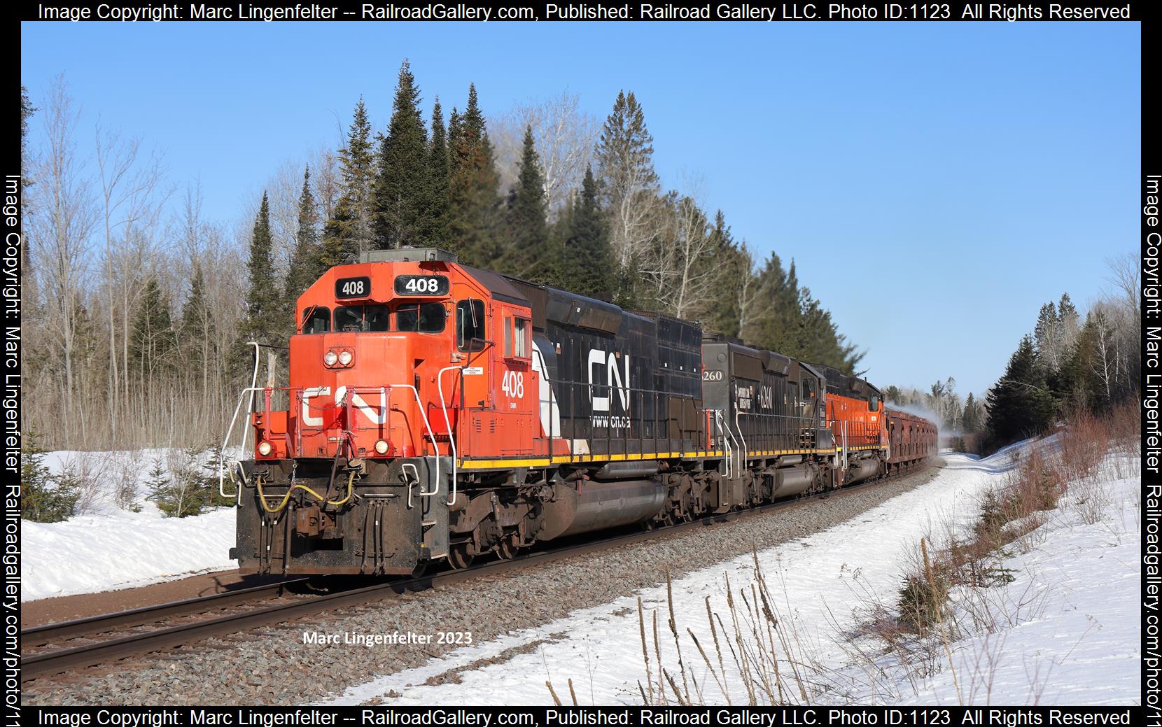 CN 408 is a class EMD SD40-3 and  is pictured in Culver, Minnesota, USA.  This was taken along the CN Missabe Sub on the Canadian National Railway. Photo Copyright: Marc Lingenfelter uploaded to Railroad Gallery on 06/08/2023. This photograph of CN 408 was taken on Wednesday, March 29, 2023. All Rights Reserved. 