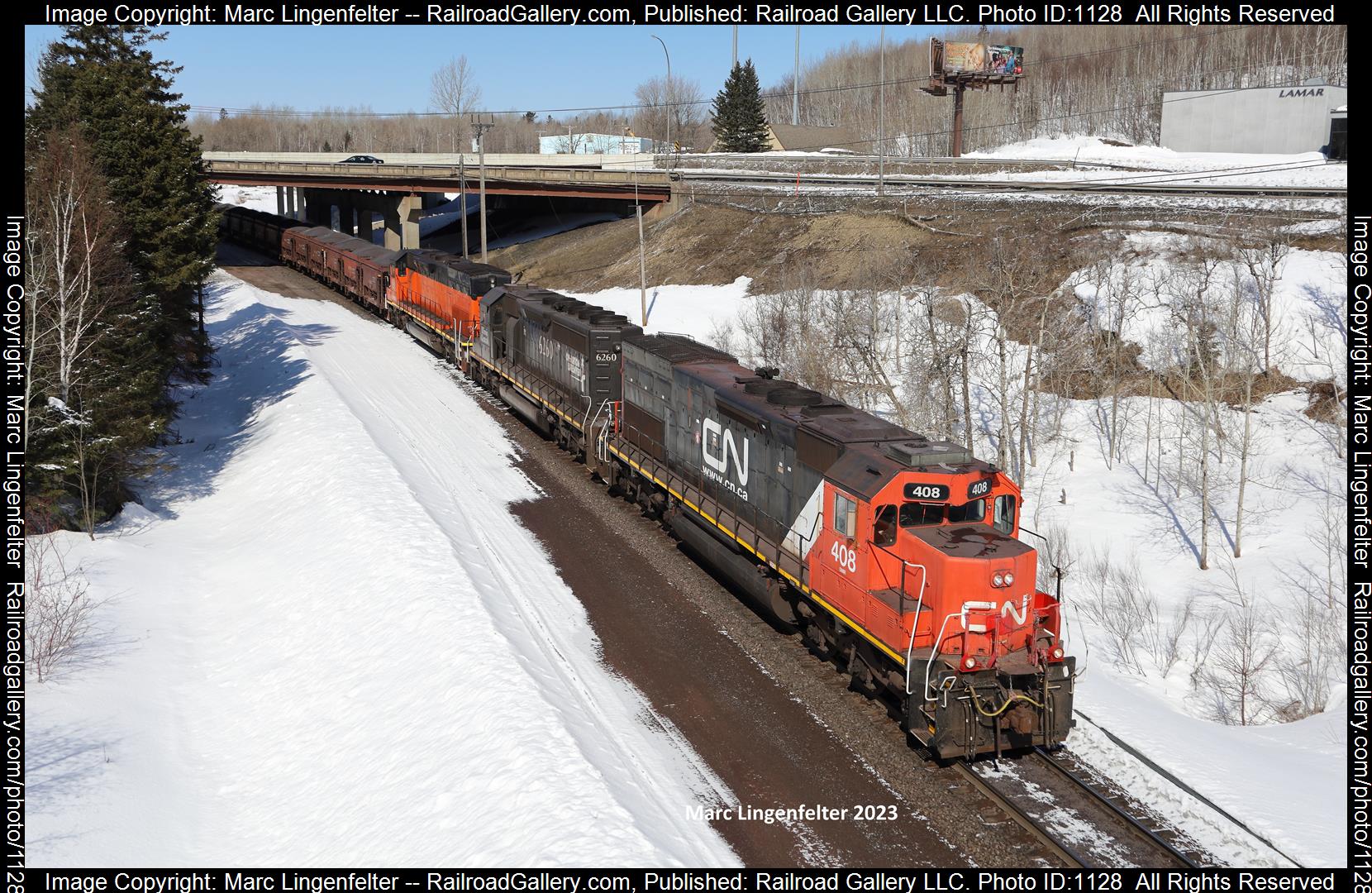 CN 408 is a class EMD SD40-3 and  is pictured in Proctor, Minnesota, USA.  This was taken along the CN Proctor Hill on the Canadian National Railway. Photo Copyright: Marc Lingenfelter uploaded to Railroad Gallery on 06/09/2023. This photograph of CN 408 was taken on Wednesday, March 29, 2023. All Rights Reserved. 