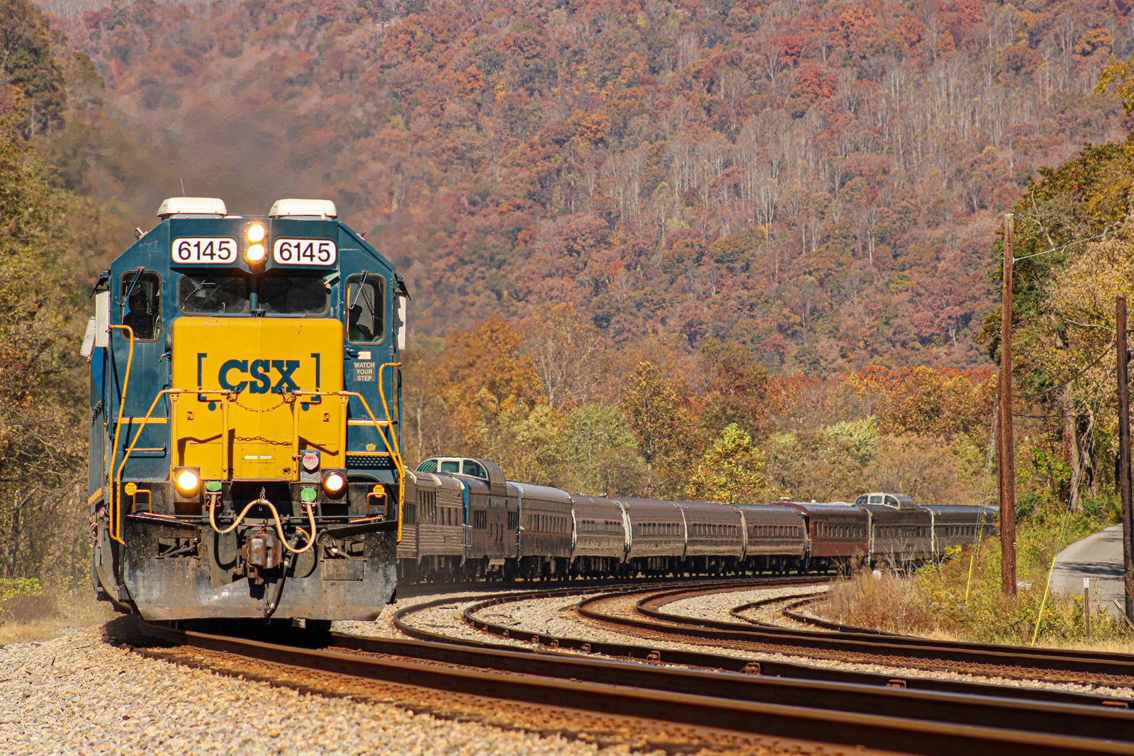 CSXT 6145 is a class GP40-2 and  is pictured in Hinton , West Virginia, USA.  This was taken along the New River Subdivision  on the CSX Transportation. Photo Copyright: Austin  West uploaded to Railroad Gallery on 11/15/2022. This photograph of CSXT 6145 was taken on Sunday, October 23, 2022. All Rights Reserved. 