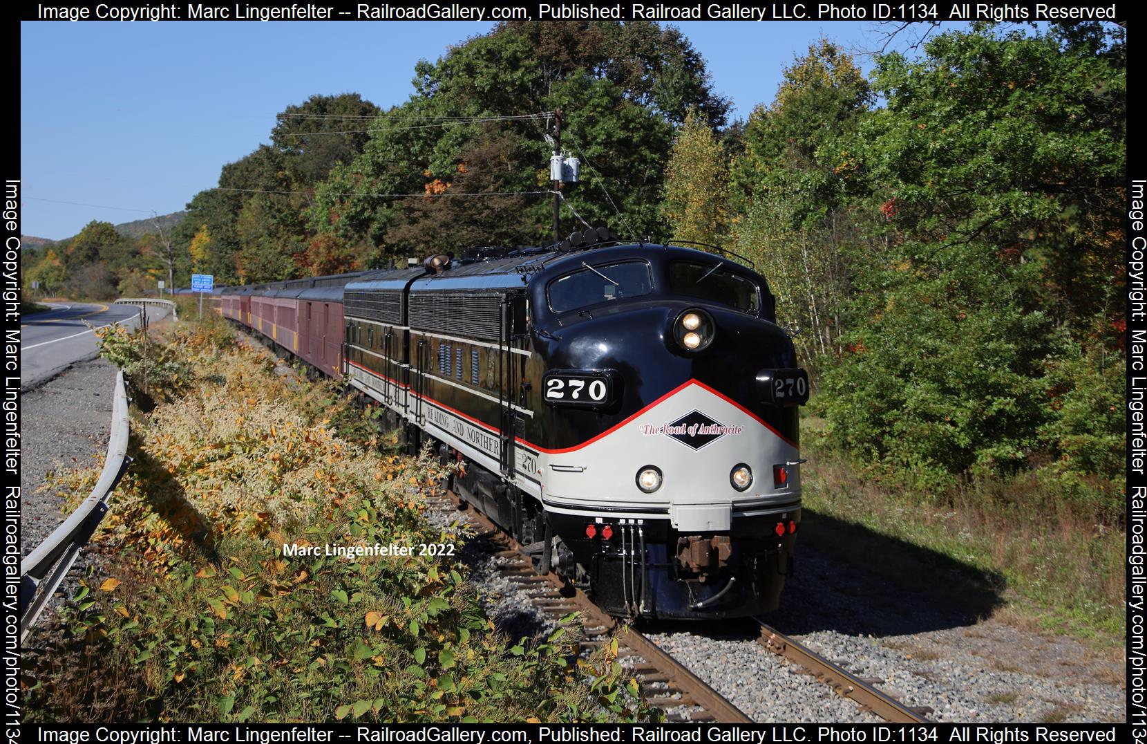 R&N 270 is a class EMD F9A and  is pictured in Jim Thorpe, Pennsylvania, USA.  This was taken along the R&N Mainline on the Reading Blue Mountain and Northern Railroad. Photo Copyright: Marc Lingenfelter uploaded to Railroad Gallery on 06/13/2023. This photograph of R&N 270 was taken on Sunday, October 09, 2022. All Rights Reserved. 