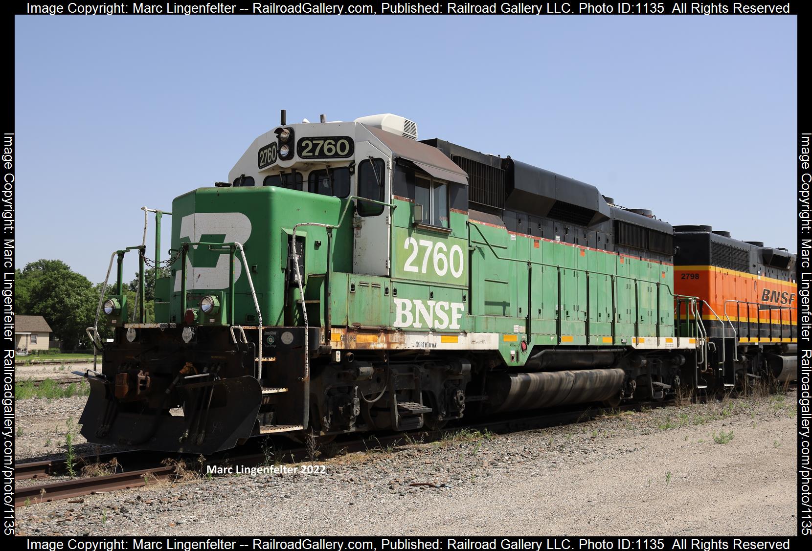BNSF 2760 is a class EMD GP39E and  is pictured in Newton, Kansas, USA.  This was taken along the Unknown on the BNSF Railway. Photo Copyright: Marc Lingenfelter uploaded to Railroad Gallery on 06/13/2023. This photograph of BNSF 2760 was taken on Tuesday, June 14, 2022. All Rights Reserved. 